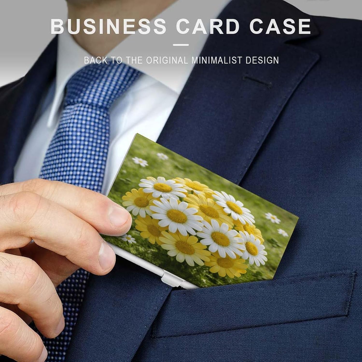 Personalized Yellow Floral Business Card Case Ultra-Thin Aluminum Alloy Business Card Holders with Buckle Style Shut Lightweight Business Card Wallet for Men Women