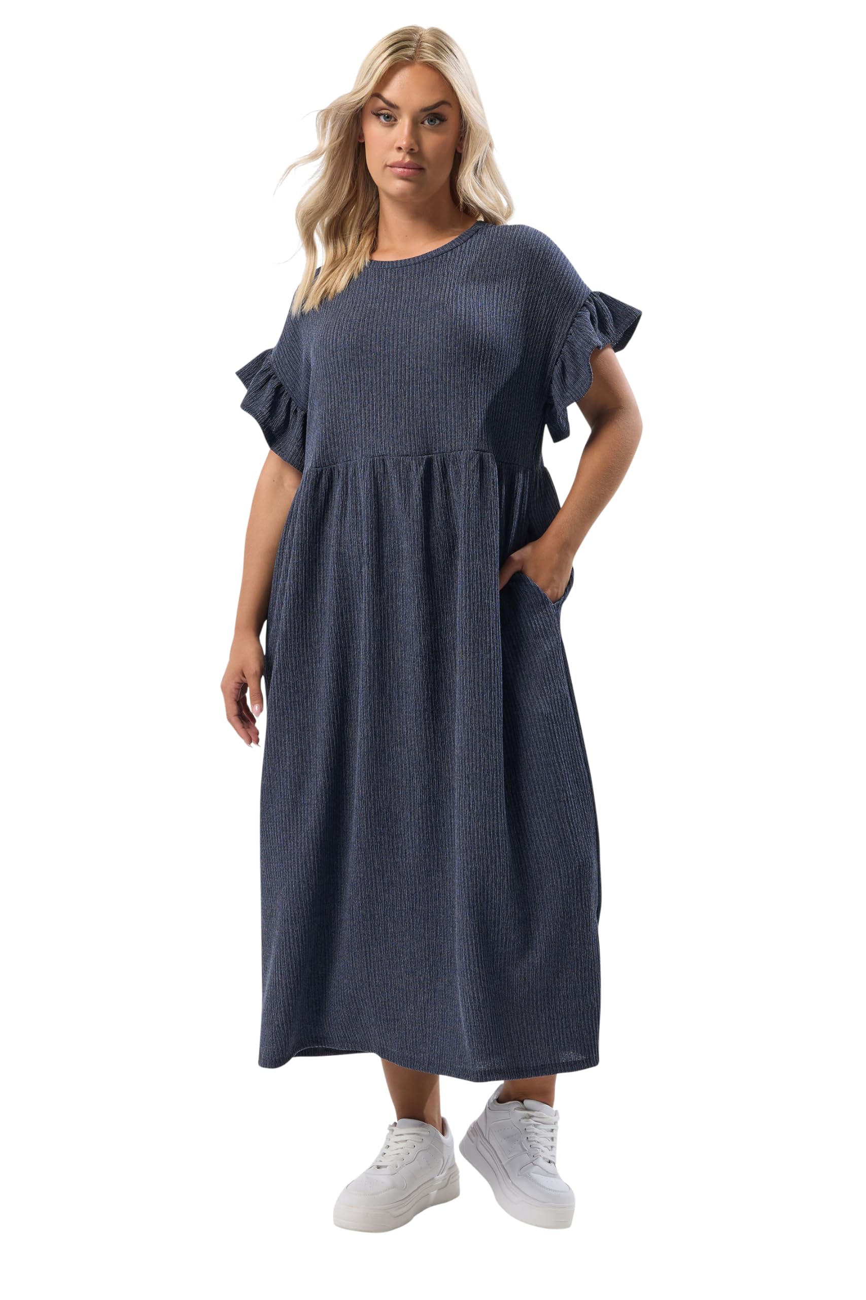 Yours Women's Blue Curve Frill Textured Maxi Dress - Plus Size Curve