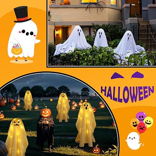 Miniatura 7 de Poen 4 fantasmas grandes de tela blanca iluminados para Halloween, fantasmas gigantes lindos con cadena de luces LED, iluminan fiestas de