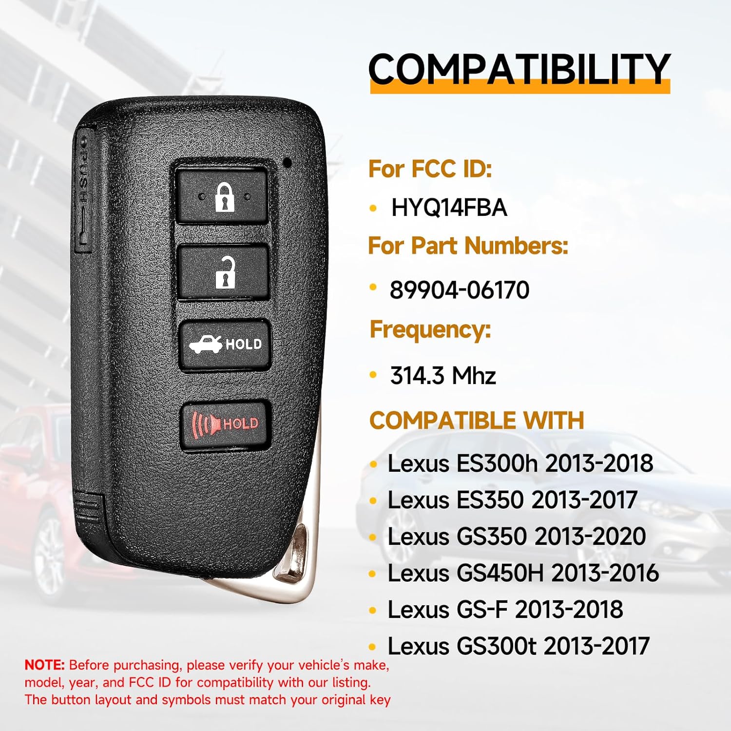 Smart Key Fob Replacement Fits for Lexus ES300h GS-F 2013-2018 ES350 2013-2017 GS350 2013-2020 GS450H 2013-2016 GS300t 2013-2017 Car Keyless Entry Remote HYQ14FBA 314.3MHz 89904-06170 281451-0020G