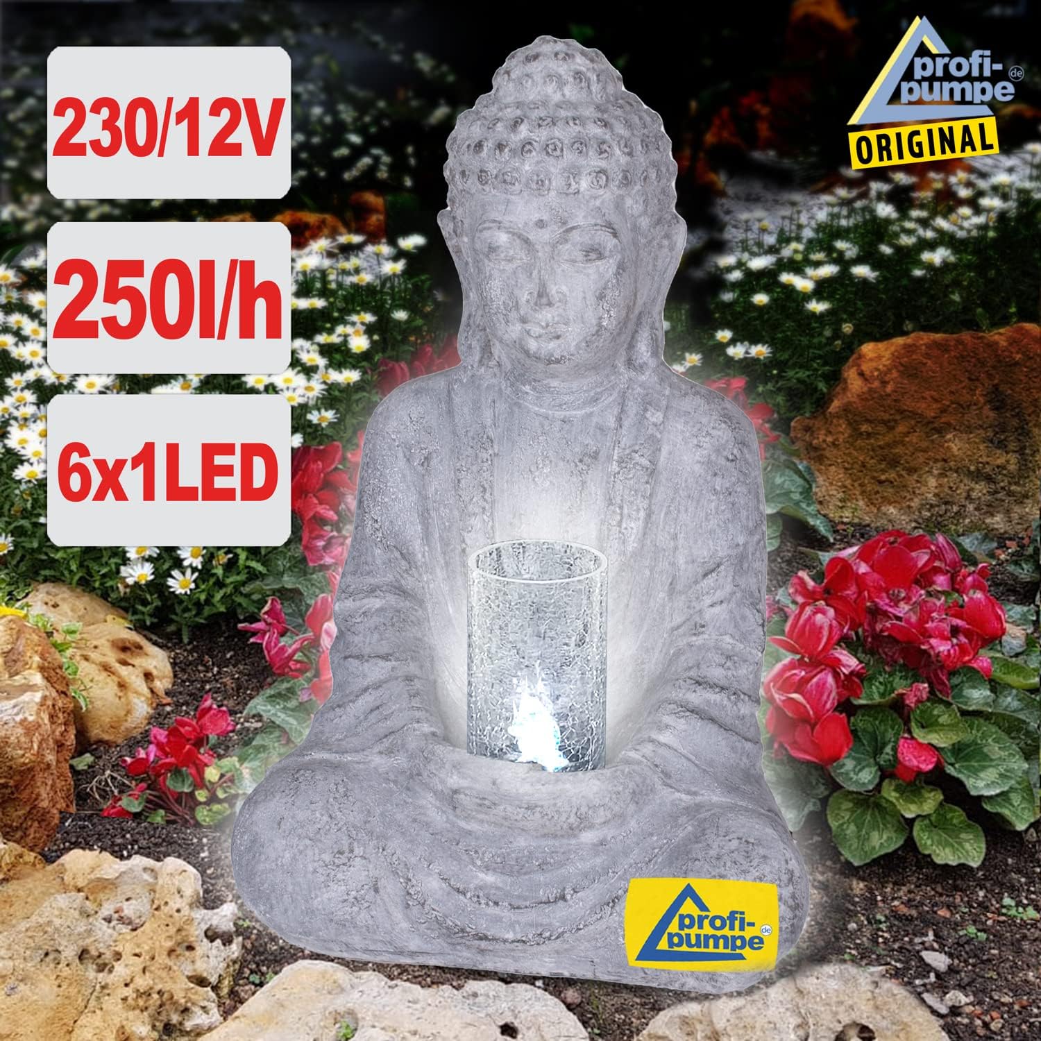 Gartenbrunnen Zen Brunnen Zierbrunnen Zimmerbrunnen Springbrunnen Wasserfall Wasserspiel für Garten, Gartenteich, Terrasse, Balkon Sehr Dekorativ (230V - Brunnen Zhen Lebens-LICHT mit LED Licht)