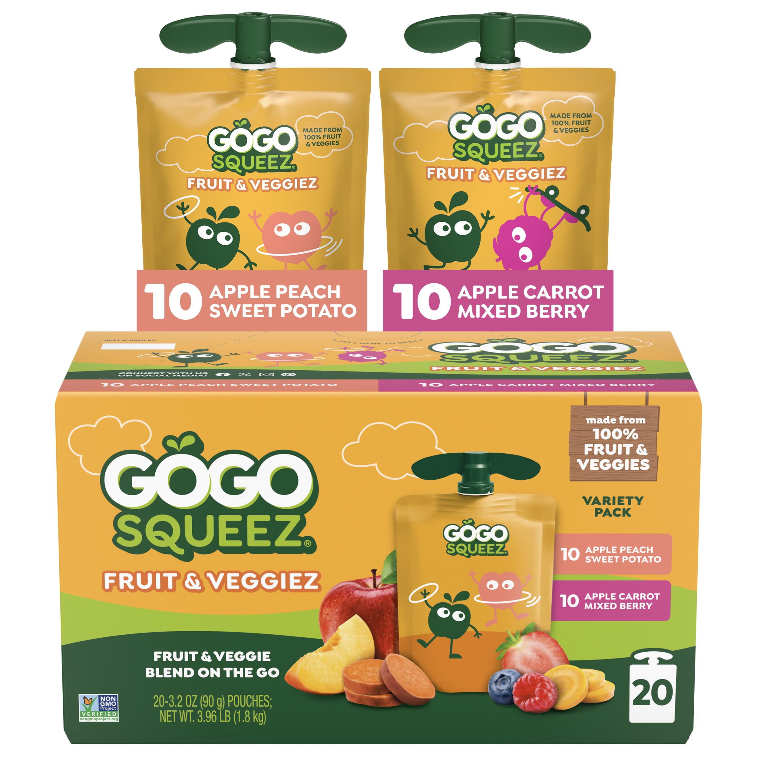 GoGo squeeZ Fruit & veggieZ Applesauce and Puree Variety Pack, Pedal Peach and Boulder Berry, 3.2 oz (Pack of 20), Unsweetened Snacks for Kids, BPA Free Pouches (Packaging May Vary)