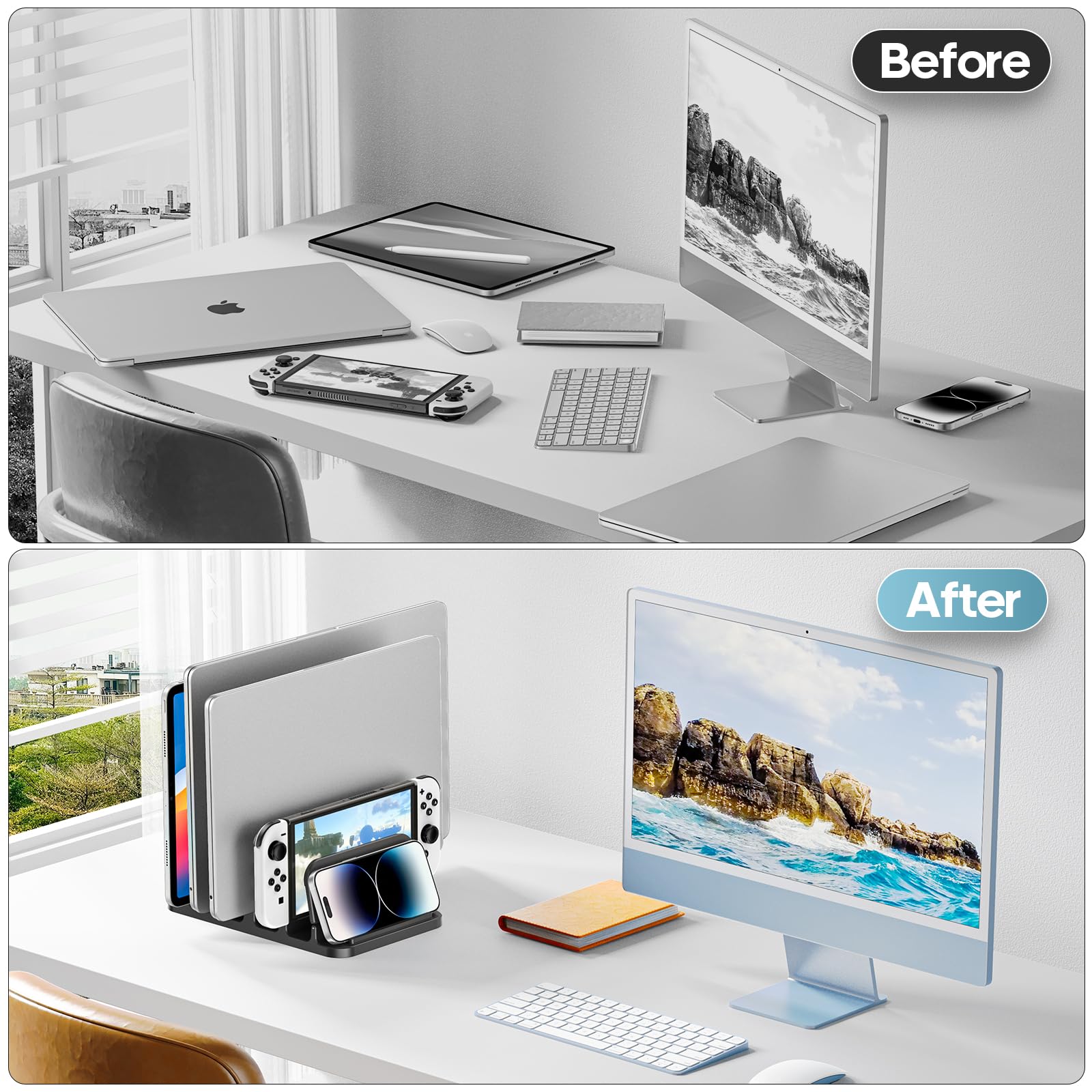 KDD Pionowy stojak na laptopa z blokadą grawitacyjną, uchwyt na laptopa 6 w 1, organizer oszczędzający miejsce pasuje do MacBooka/Surface/Samsung/HP/Dell/Book/tablet/Switch i telefonu komórkowego