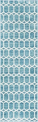 Miniatura 9 de Unique Loom Matrix Trellis Collection - Alfombra de área con azulejos (3 x 10 pies, color azulmarfil)