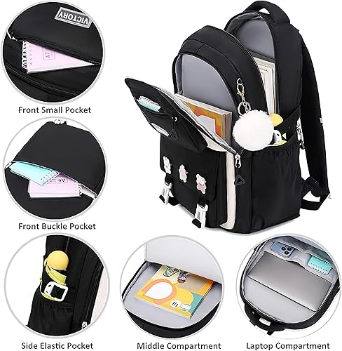 Miniatura 9 de AO ALI VICTORY Mochila para mujeres y niñas, conjunto con estuche para lápices de 15.6 pulgadas, mochila escolar para computadora portátil, mochila