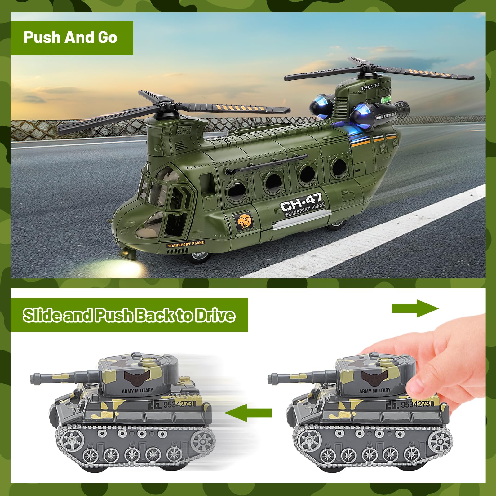 deAO Jeu de Jouets Hélicoptère Militaire Hélicoptère de Transport avec Son et lumière, Soldat Armée Hommes Figurines d'action, Jouets Armée Militaires Cadeaux d'anniversaire de Noël pour Enfant