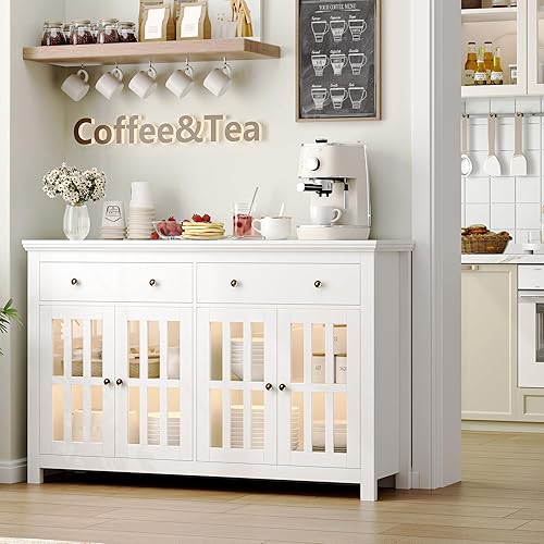 Miniatura 3 de finetones Aparador de buffet con almacenamiento, armario de cocina grande de 55.1 pulgadas con 2 cajones y 4 puertas, gabinete de madera para