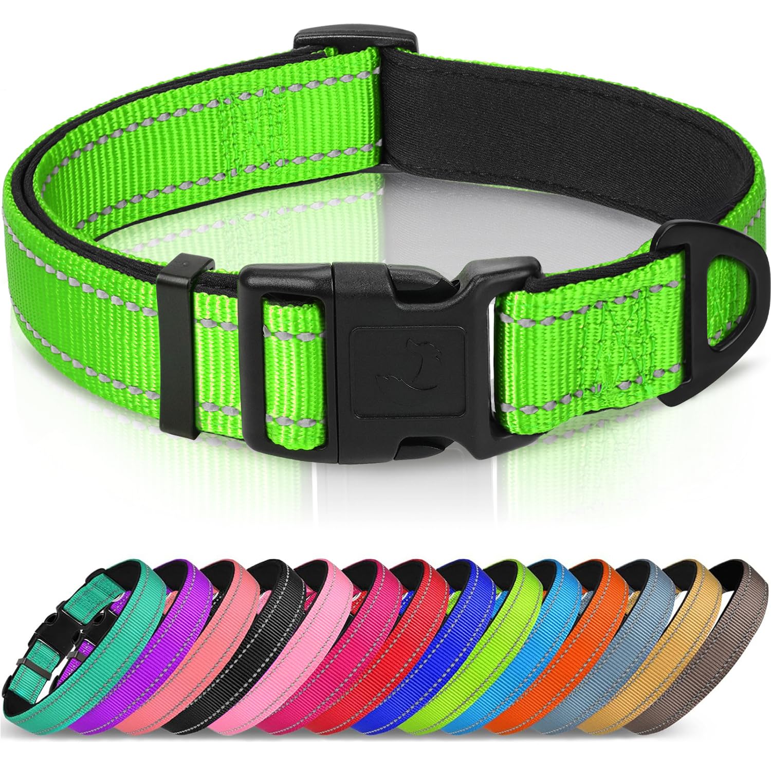 Joytale Reflective Dog Collar, Soft Neoprene Padded, Metal D-Ring, Nylon Pet Collar Adjustable for Extra Large Dogs, Green, XL