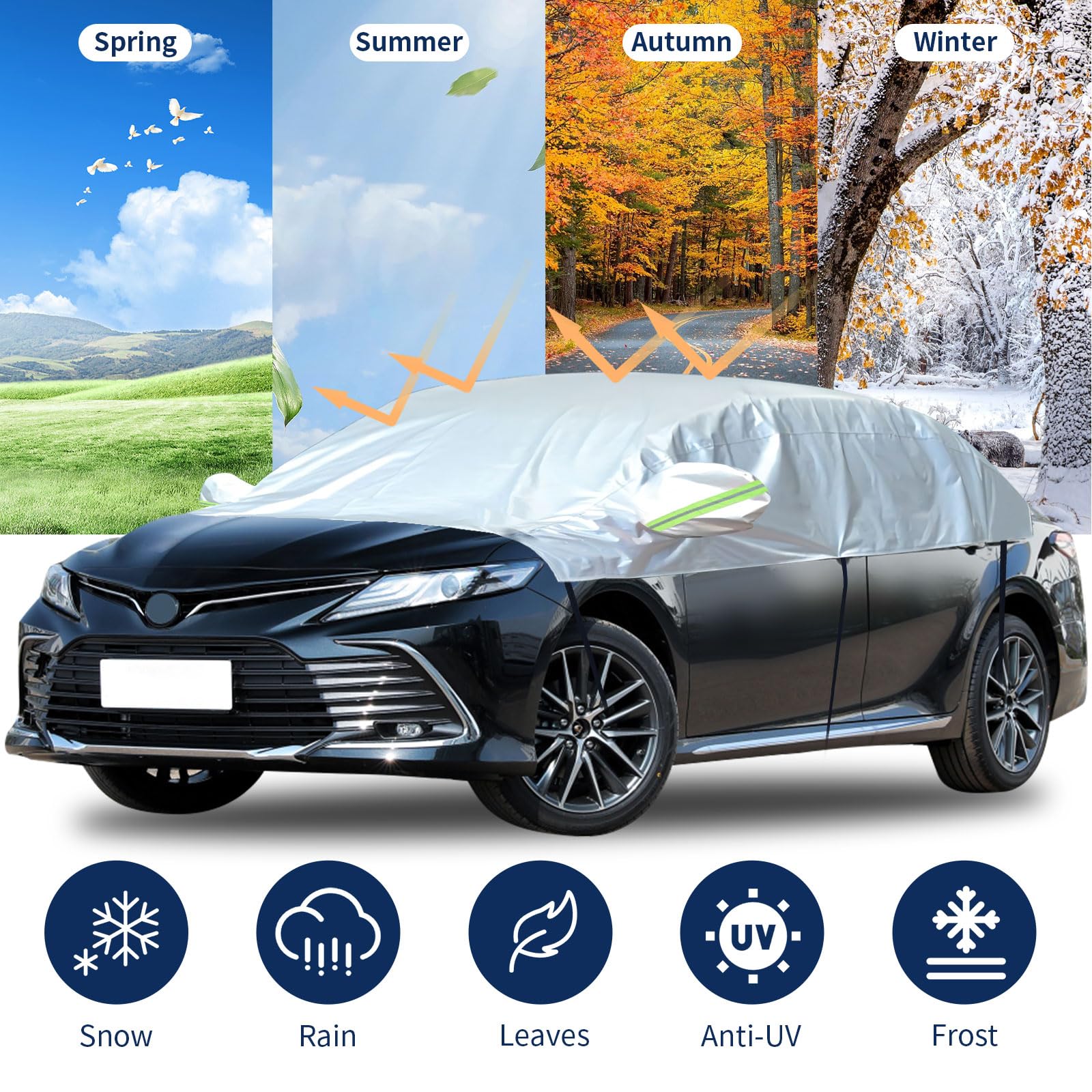 Hrozny Bache Voiture Exterieur, Demi-bâche de Voiture Housse de Voiture berline imperméable Tous Temps, Housse de Pare-Brise de Voiture d'hiver pour la Glace et la Neige (Berline)