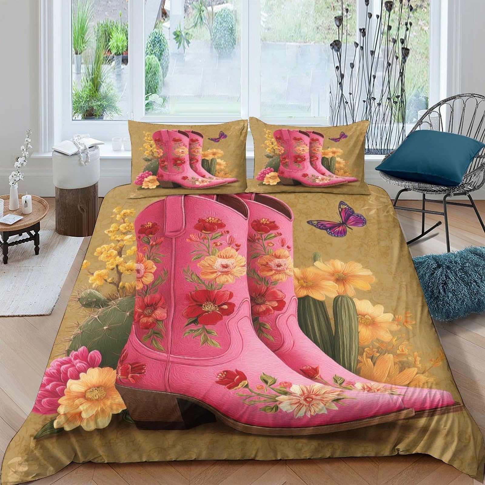 P5V6M1Q9 3D Printed Pink Cowboy Boots Duvet Cover Microfiber Floral Western Bedding Set with 2 Pillowcases for Bedroom Decor Single（135x200cm）