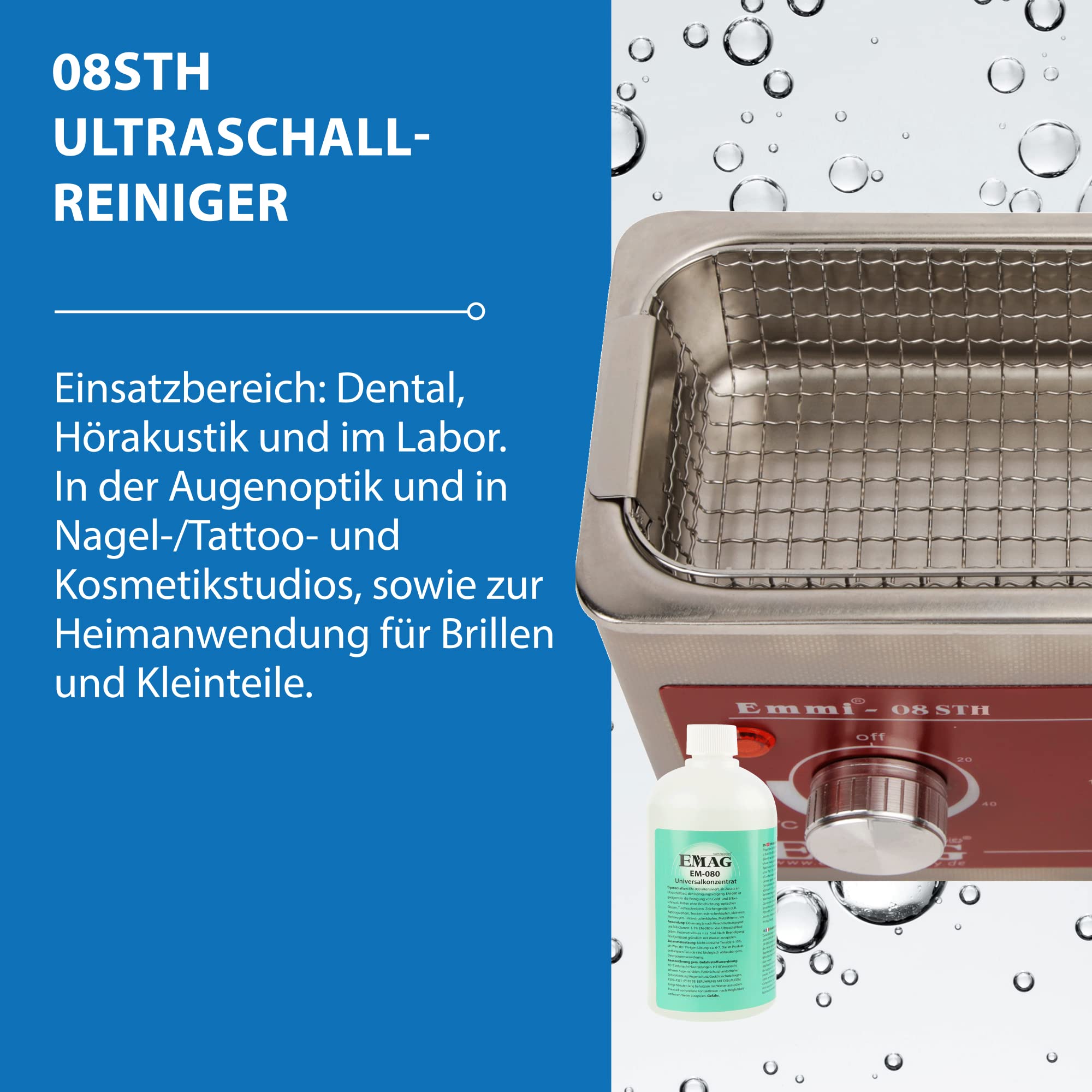 EMAG Ultraschallreiniger Emmi 08STH Universal-Set I Brillenreinigungsgerät auch Schmuck & Uhren I Ultraschallreinigungsgerät aus Deutschland I 600ml