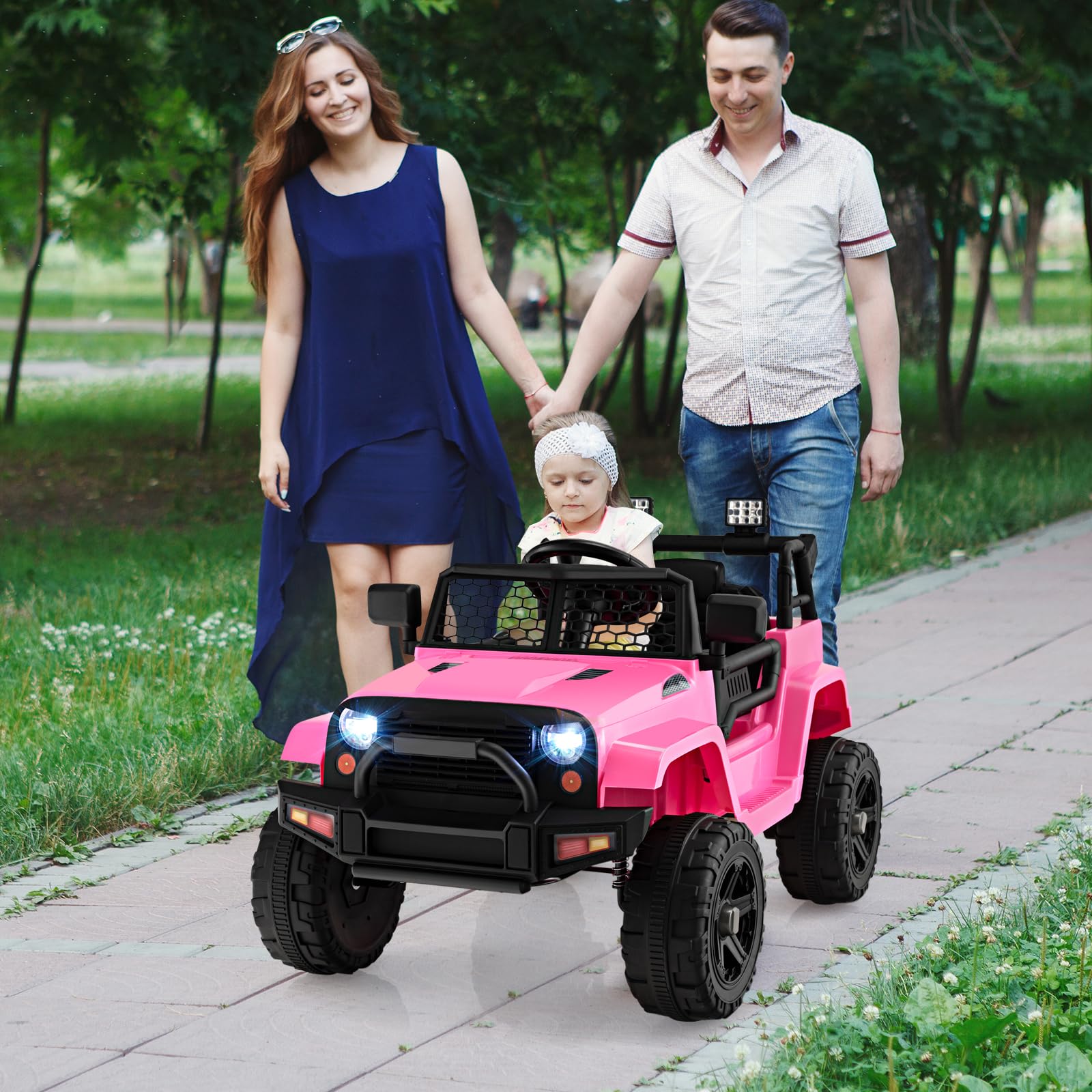 GOPLUS Samochód elektryczny 12 V, samochód dziecięcy z pilotem zdalnego sterowania 2,4 G, pojazd dziecięcy z USB, muzyką i MP3, z reflektorem LED i klaksonem, 2,5-4,5 km/h, dla dzieci od 3 lat