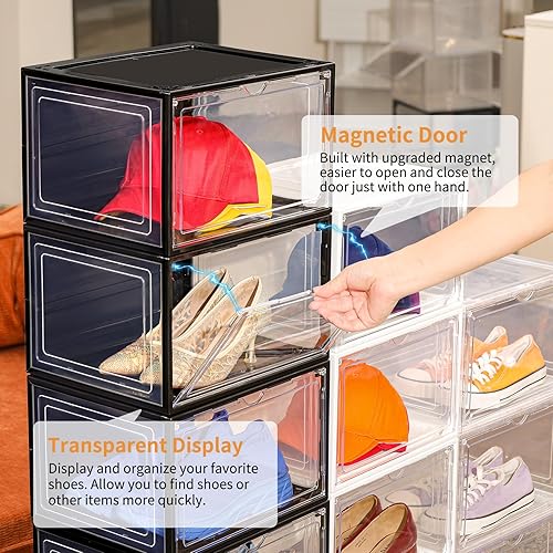 Miniatura 7 de Paquete de 12 cajas de zapatos negras apilables, organizador grande de almacenamiento de zapatos con puerta magnética, contenedores laterales para