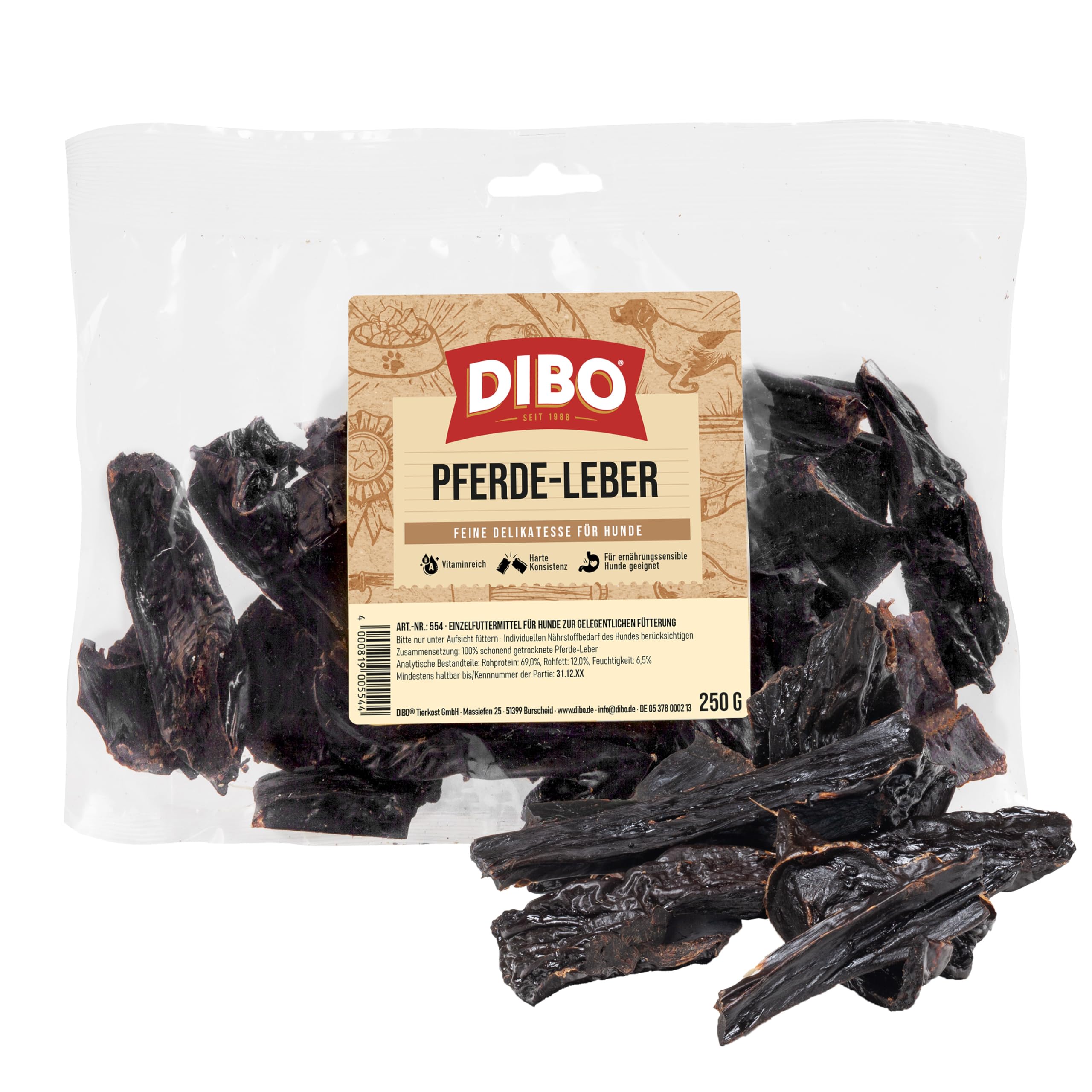 DIBO Pferde-Leber, 250g-Beutel, der kleine Naturkau-Snack oder Leckerli für Zwischendurch, Hundefutter, Qualitätskauartikel ohne Chemie von DIBO