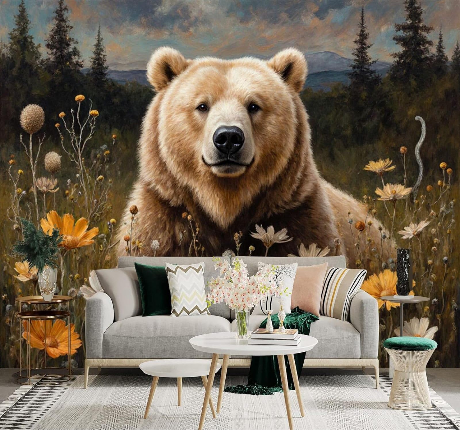 Xlming 300Cm×210Cm(B×H) Meadow Brown Bear Flowers Forest Mountain Scenery 3D Wallpaper Silky Texture Home Study Office Grey Dining Room Sofa Bedroom Living Room Tv Backdrop-300Cm×210Cm