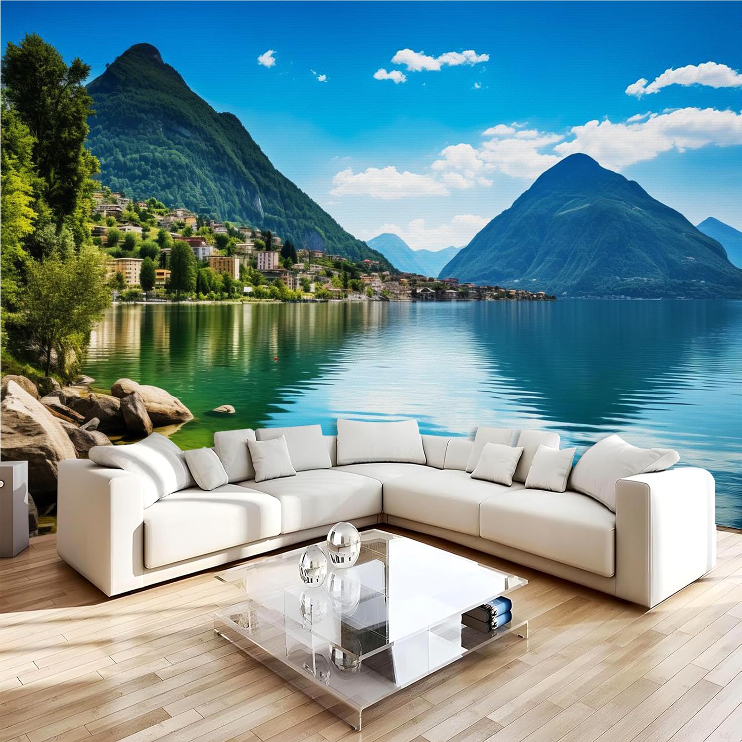 Papel Pintado 3D Pueblo Alpino A Orillas De Un Lago Papel Tapiz Fotomural 350x256cm Paisaje Papel Pintado Panorámico no Tejido Formato Grande Decoración Mural para Salón Dormitorio Oficina 2p18