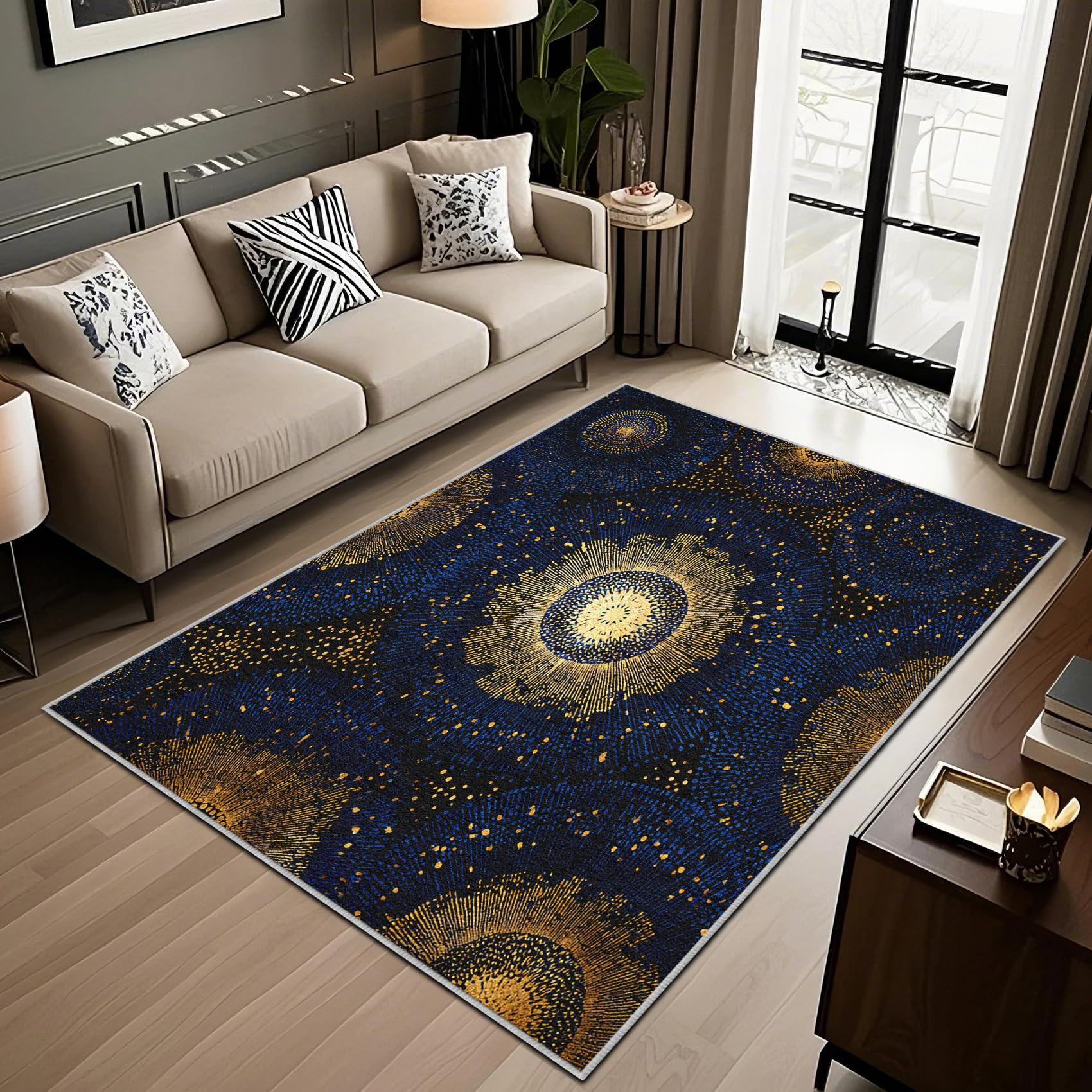 Générique Mandala Céleste Tapis 60x90 - Motif Or Vintage Tapis à Poils Courts Doux Antidérapant - Lavable en Machine - pour Salon Chambre à Coucher Cuisine Salle à Manger G9m24j10