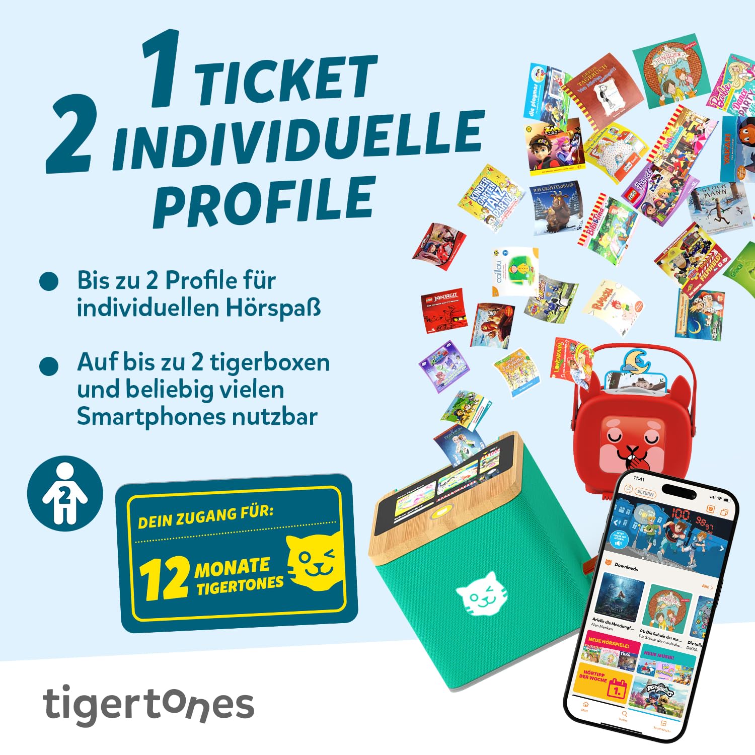 tigermedia tigertones Duo Ticket – 12 Mesi di Streaming tigerbox Touch 30.000 audiolibro Musica per Bambini