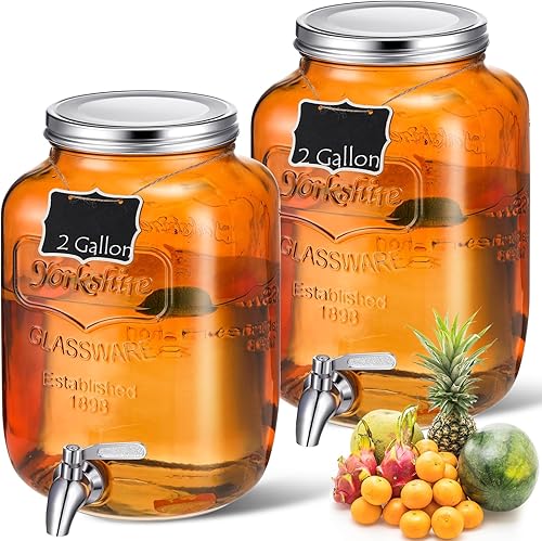 2 dispensadores de bebidas de vidrio con espita de acero inoxidable, pizarra de madera, dispensador de agua de vidrio, dispensador de tarro de