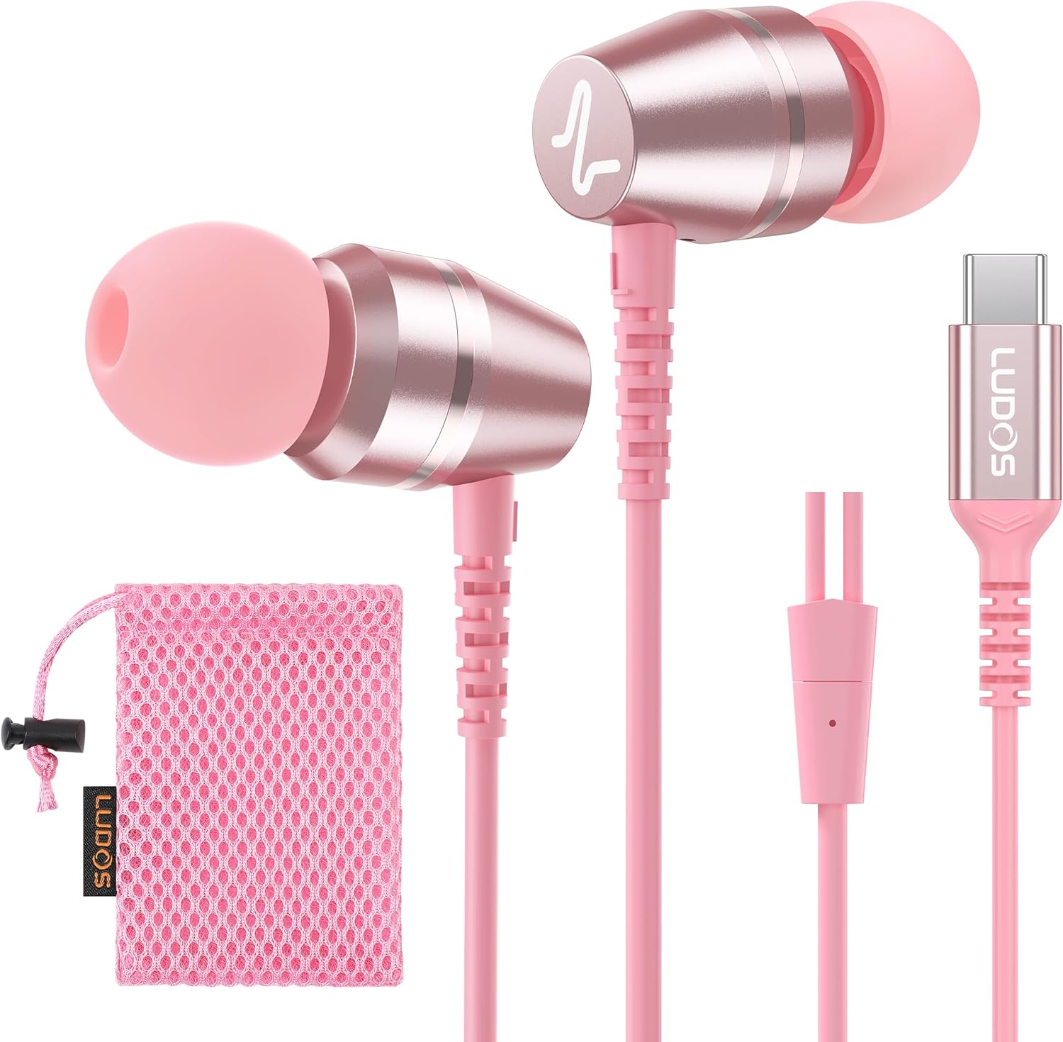 Ludos Omnitone USB-C Headphones for iPhone 15-17, iPad Pro, Samsung Galaxy S20-S24, Pink