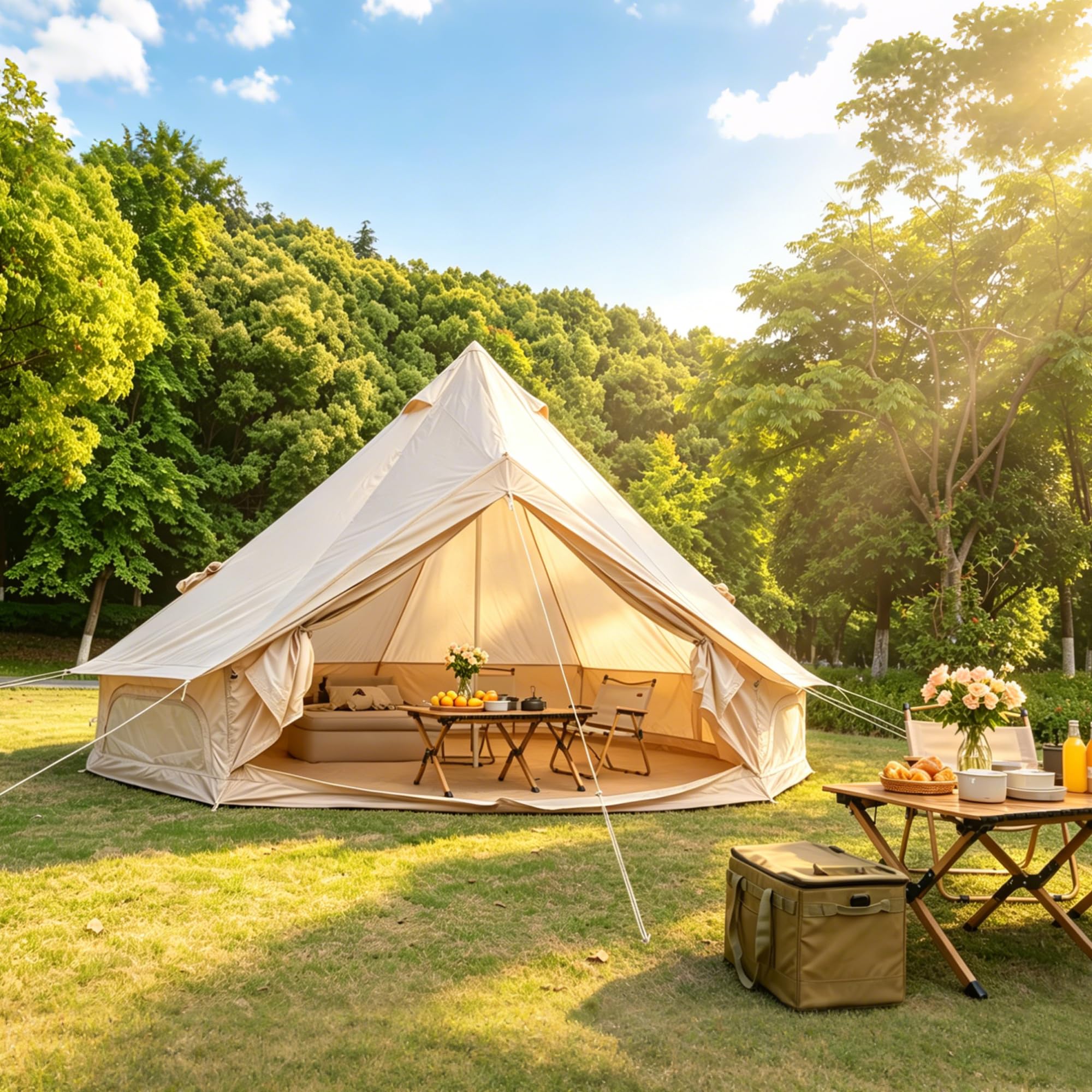 DHHU Tente de Camping Familiale 4 Saisons, Yourte 13.1ft avec Conduit de Poêle, Grande Tente Glamping pour 4 à 8 Personnes, Abri en Oxford Beige imperméable et Respirant