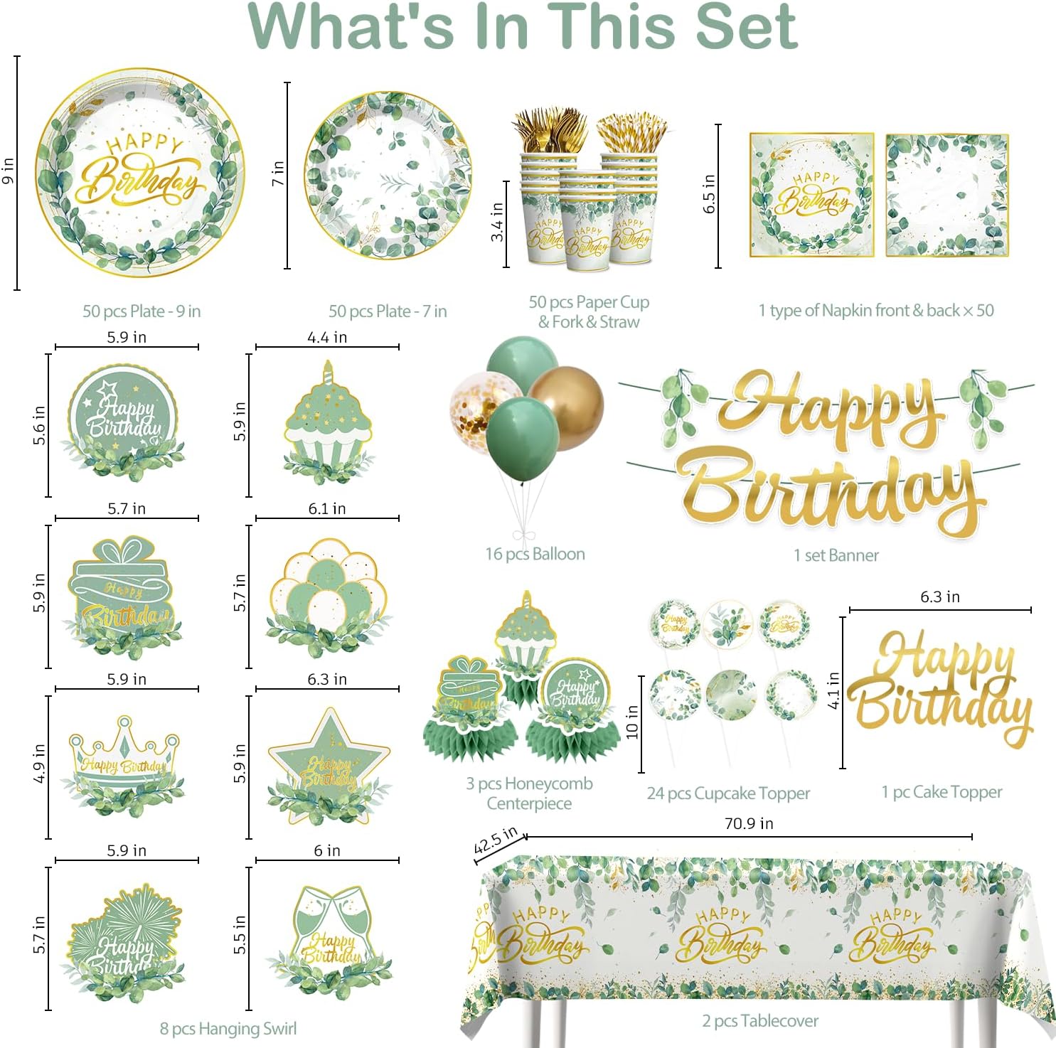 362 pcs Sage Green Birthday Decorations Plates and Napkins Set, Gold and Green Eucalyptus Flowers Birthday Banner Balloons Cake Topper Greenery Tablecloth Decorations Sage Green Serve 50 Guests