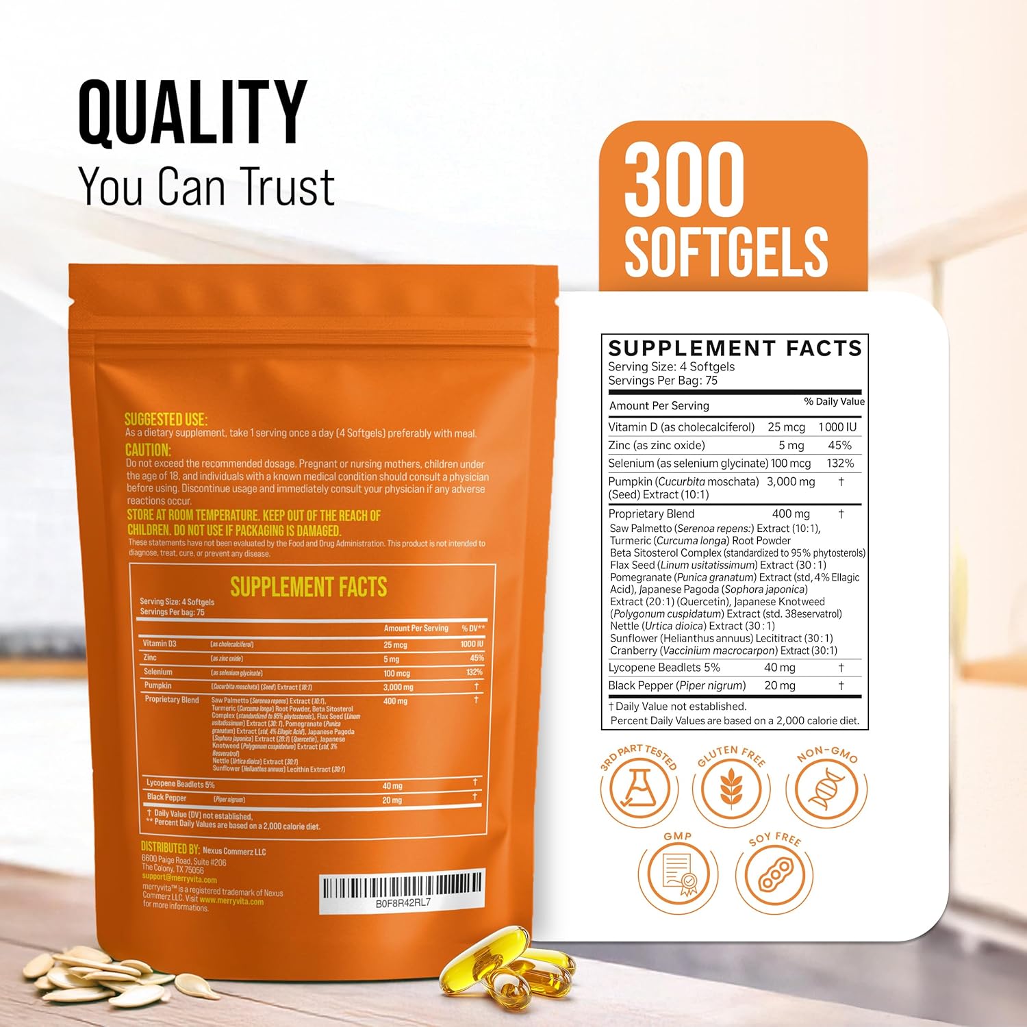 Pumpkin Seed Oil with Saw Palmetto, Turmeric, Nettle & More | 3000mg Per Serving, 300 Softgels | Cold Pressed, Extra Virgin | Prostate Health Supplements for Men | Non-GMO - Image 4