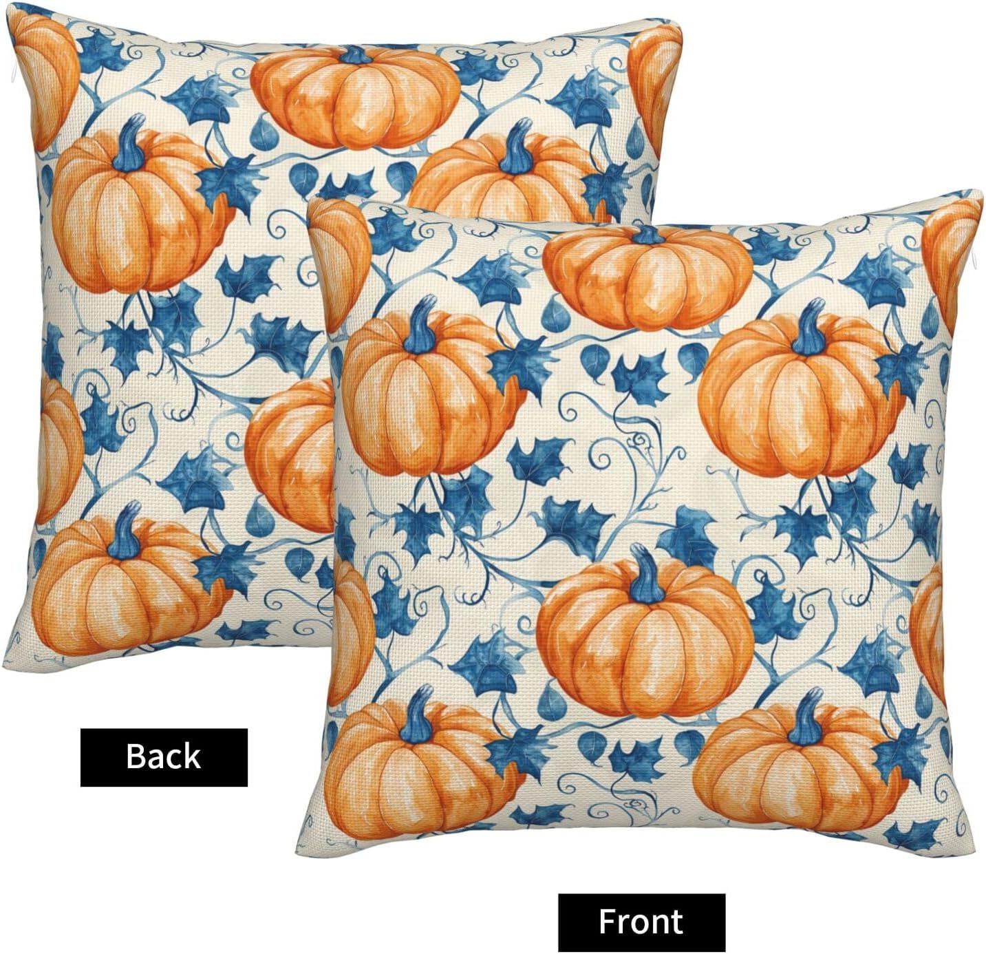 KiuLoam Fall Orange Pumpkin Blue Leaf Pillow Covers 22x22 Inch Set of 2 Autumn Themed Decorative Throw Pillows Outdoor Thanksgiving Farmhouse Decor Cushion Covers for Sofa Bed Couch Living Room