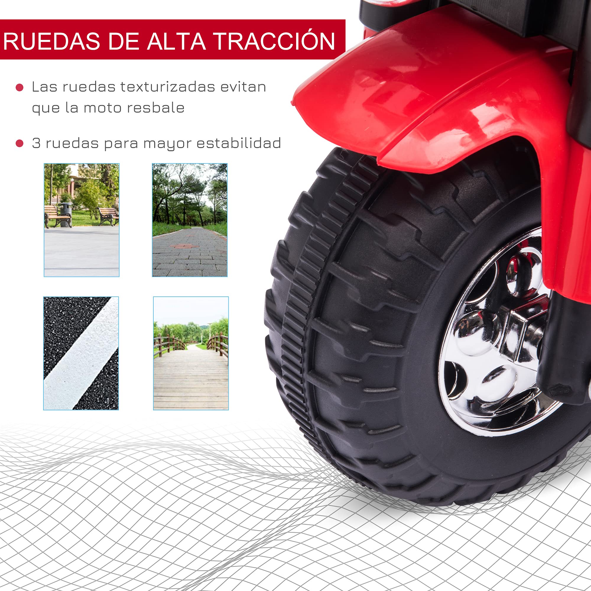 HOMCOM Moto Eléctrica Infantil con 3 Ruedas Triciclo 18-36 Meses Rojo | Triciclo a Batería 6V, con Faro, Bocina, 72x57x56 cm