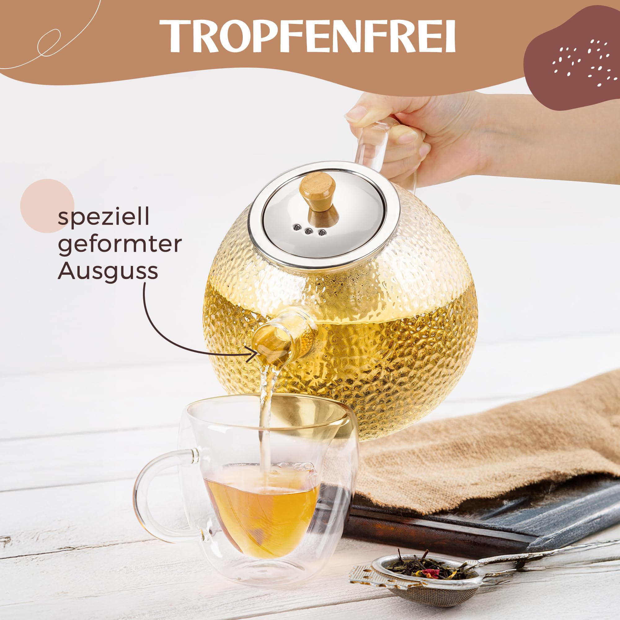 Glas Teekanne mit Siebeinsatz - 1,5 Liter - Erhöhte Glasstärke - Teekanne Glas - Teezubereiter für Losen Tee - robuster Teebereiter - Glaskanne Tee - Teegeschirr | Teezubehör