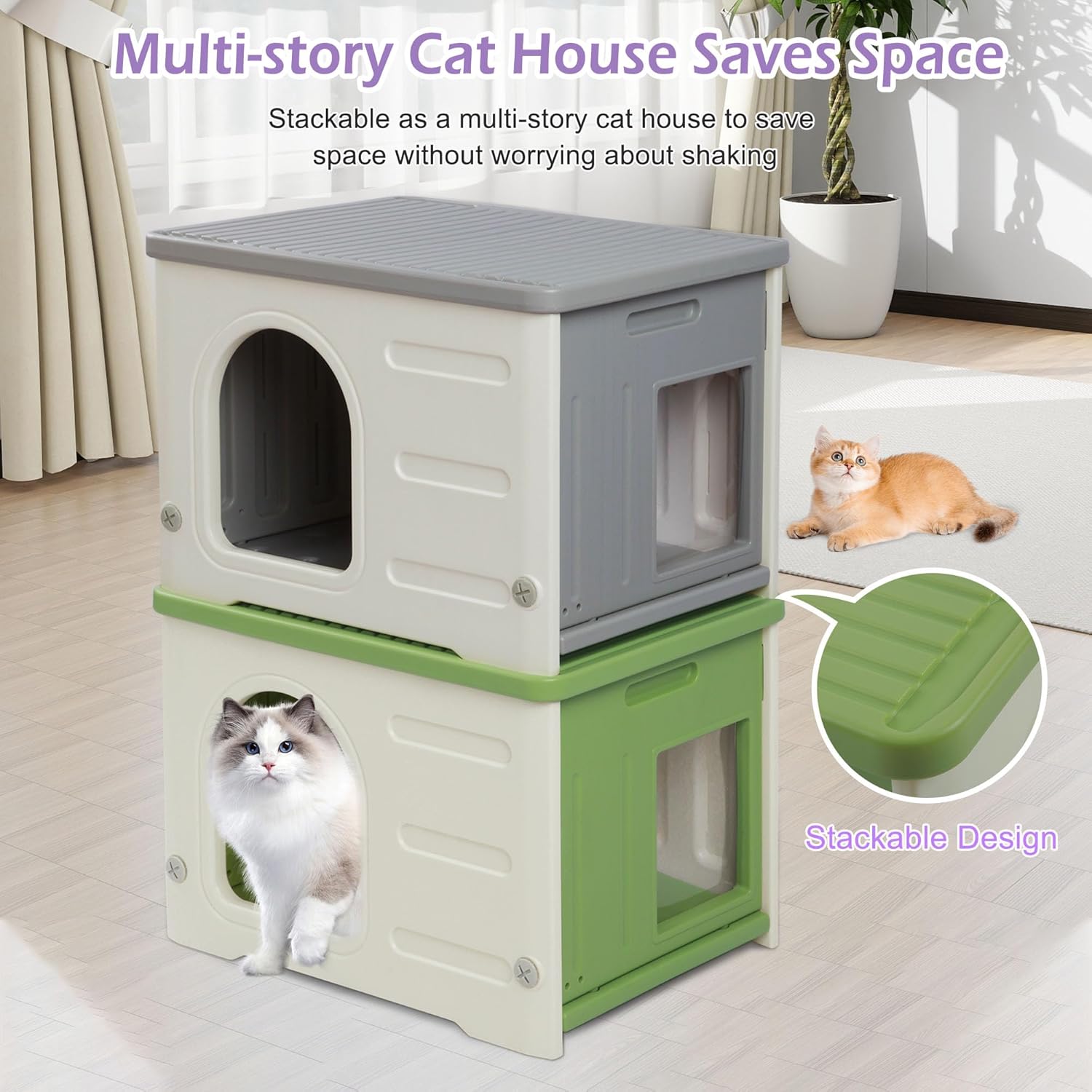 review Plastic Cat House for Indoor & Outdoor, Waterproof Feral Cat House with Escape Door, Sturdy Pet Shelter for Cats, Puppy, Rabbit, Easy to Assemble and Clean-Green