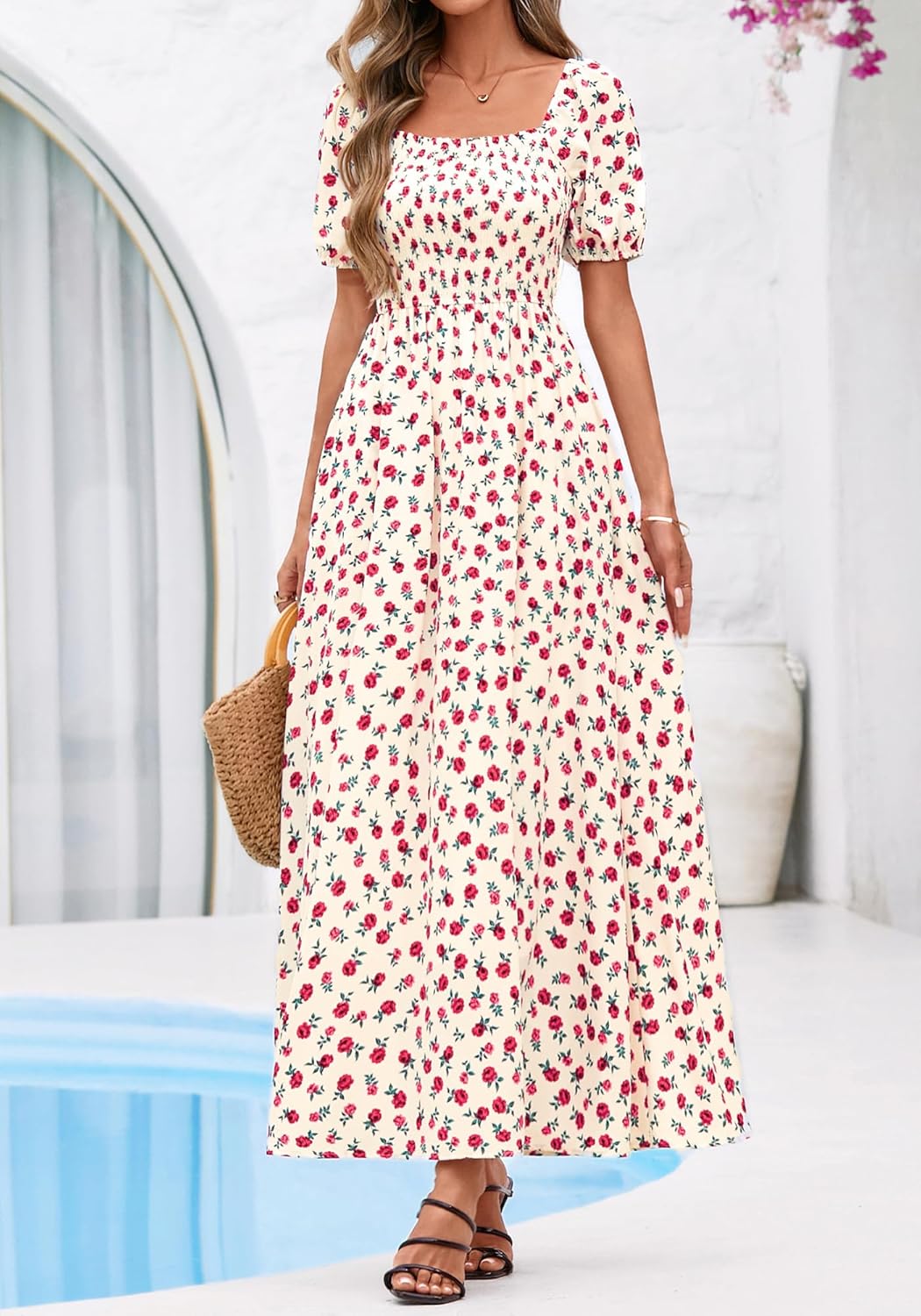 BTFBM Spring Summer Dresses for Women 2026 Puff Short Sleeve Smocked Floral Print Boho Beach Wedding Guest Maxi Dress - Image 2