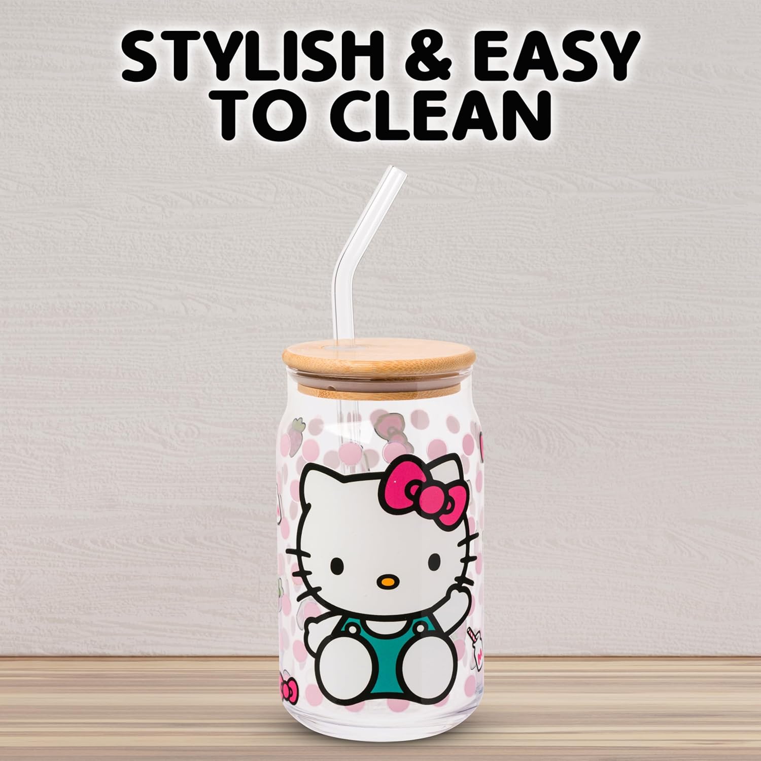 Silver Buffalo Sanrio Hello Kitty Strawberry Milk Bow Pink Polka Dot Glass Jar Tumbler with Bamboo Lid and Glass Straw, 16 Ounces - Image 6