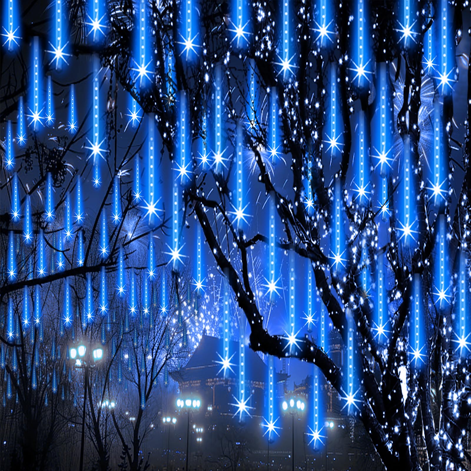 ZPQBEYE Christmas Lights Outdoor Meteor Shower Lights 24-Tube 576LEDs Snow Falling Rain Cascading Icicle Light for Xmas Tree Christmas Decorations Wedding Party Holiday Garden Decor, UL Plug Blue