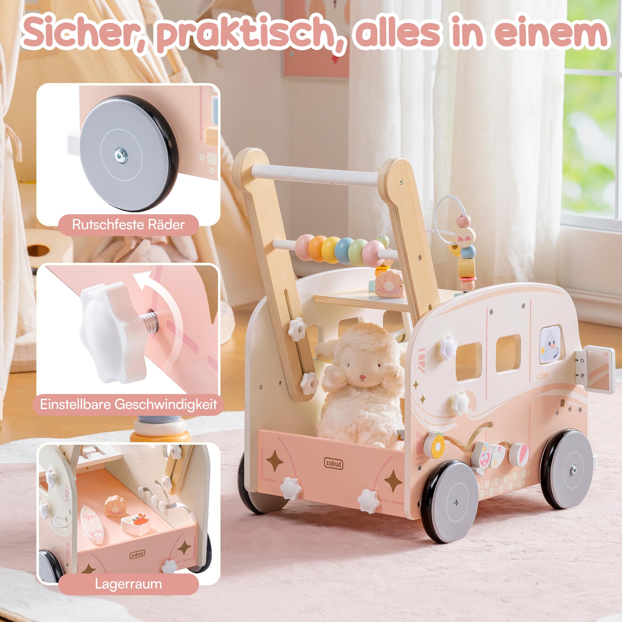ROBUD Baby Lauflernhilfe Holz, Interaktiver Lauflernwagen, Einstellbare Geschwindigkeit & Höhe Baby Walker, Motorikspielzeug Geschenk für Kleinkinder ab 10 Monaten-1-2 Jahren (Rosa)