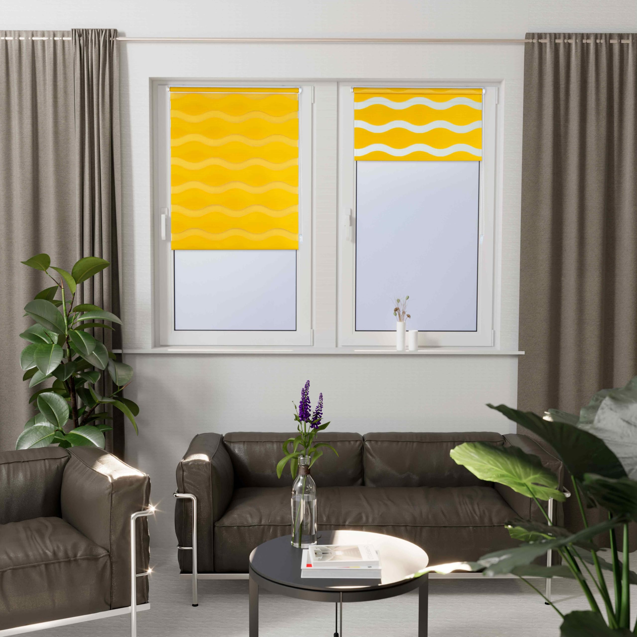 K-Home Podwójna roleta z systemem mocowania Klemmfix, fala, bez wiercenia, żółta, 50 cm x 200 cm (szer. x dł.)