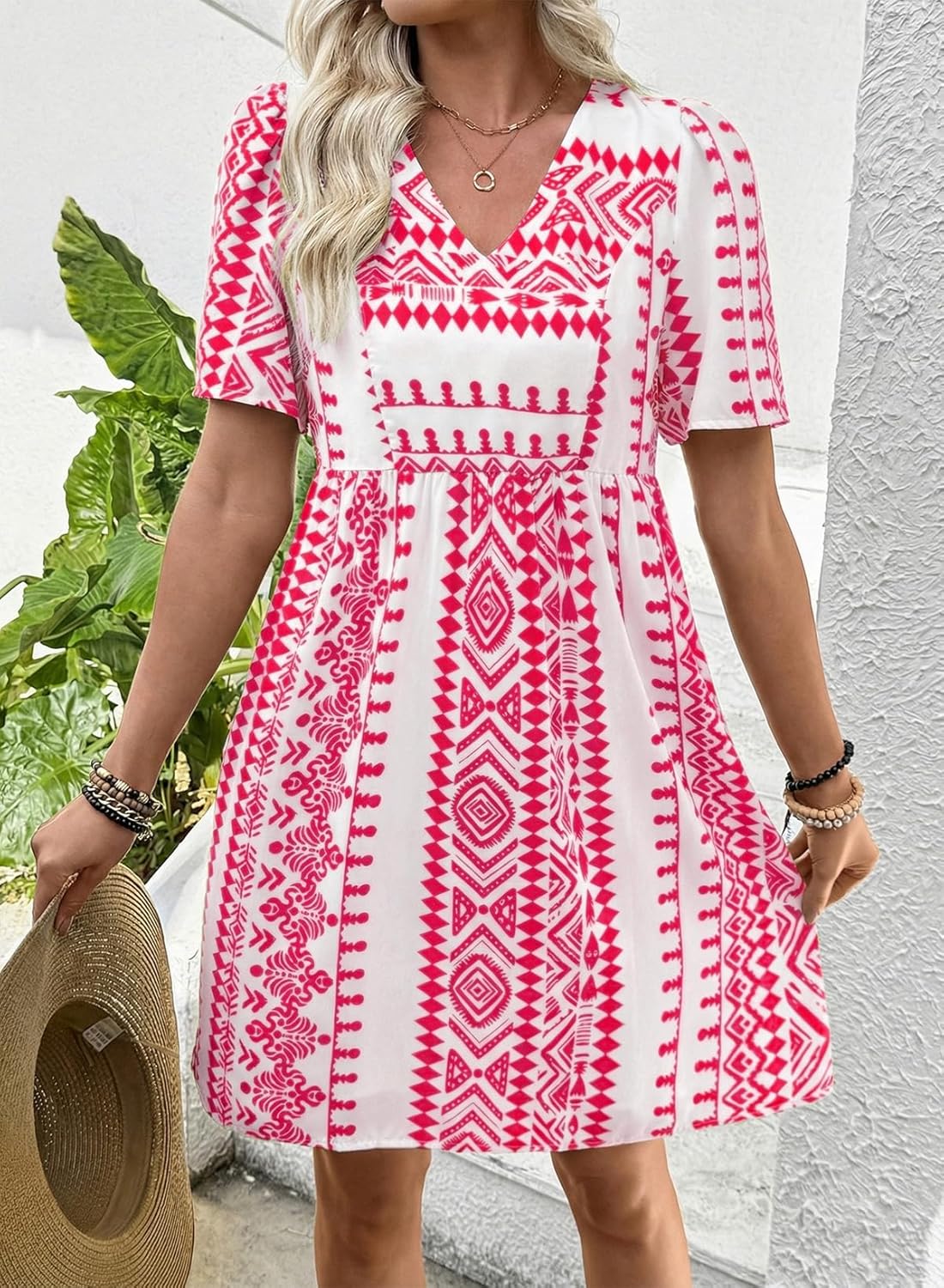 SHEWIN Dresses for Women Geometric Print Loose Fit V Neck Short Sleeve Summer Dress Beach Vacation 2026 Trendy - Image 3