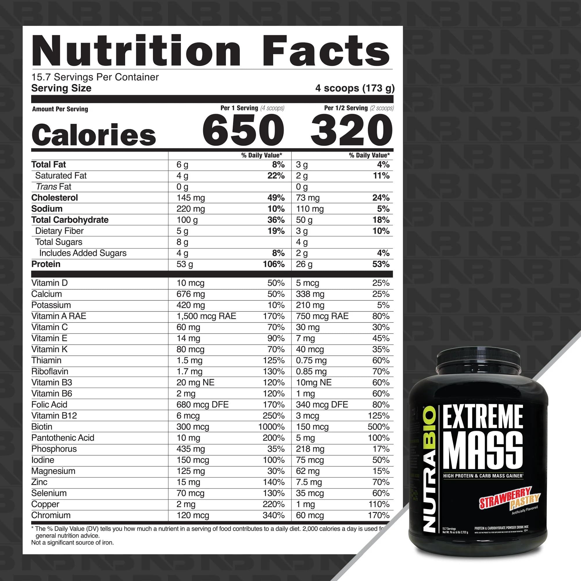 NutraBio Extreme Mass Gainer Protein Powder, 53G Protein, Clean Weight Gainer, Increase Muscle Mass, Full Spectrum Amino Acid - Strawberry Pastry, 6 Pound