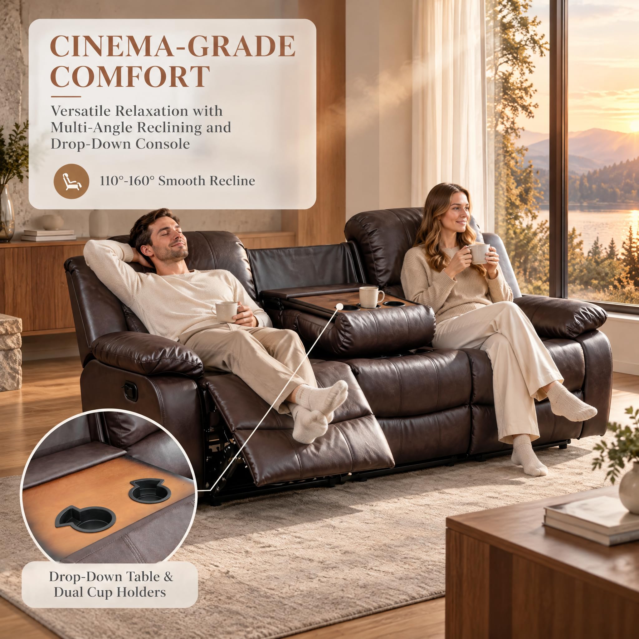 Toseslo Living Room Furniture Set, Manual Reclining Sofa Set, Brown Leather Recliner Couch Sets with Drop-Down Table, Recliner Sofa with Storage Console/Cup Holder for Living Room/Apartment view 5