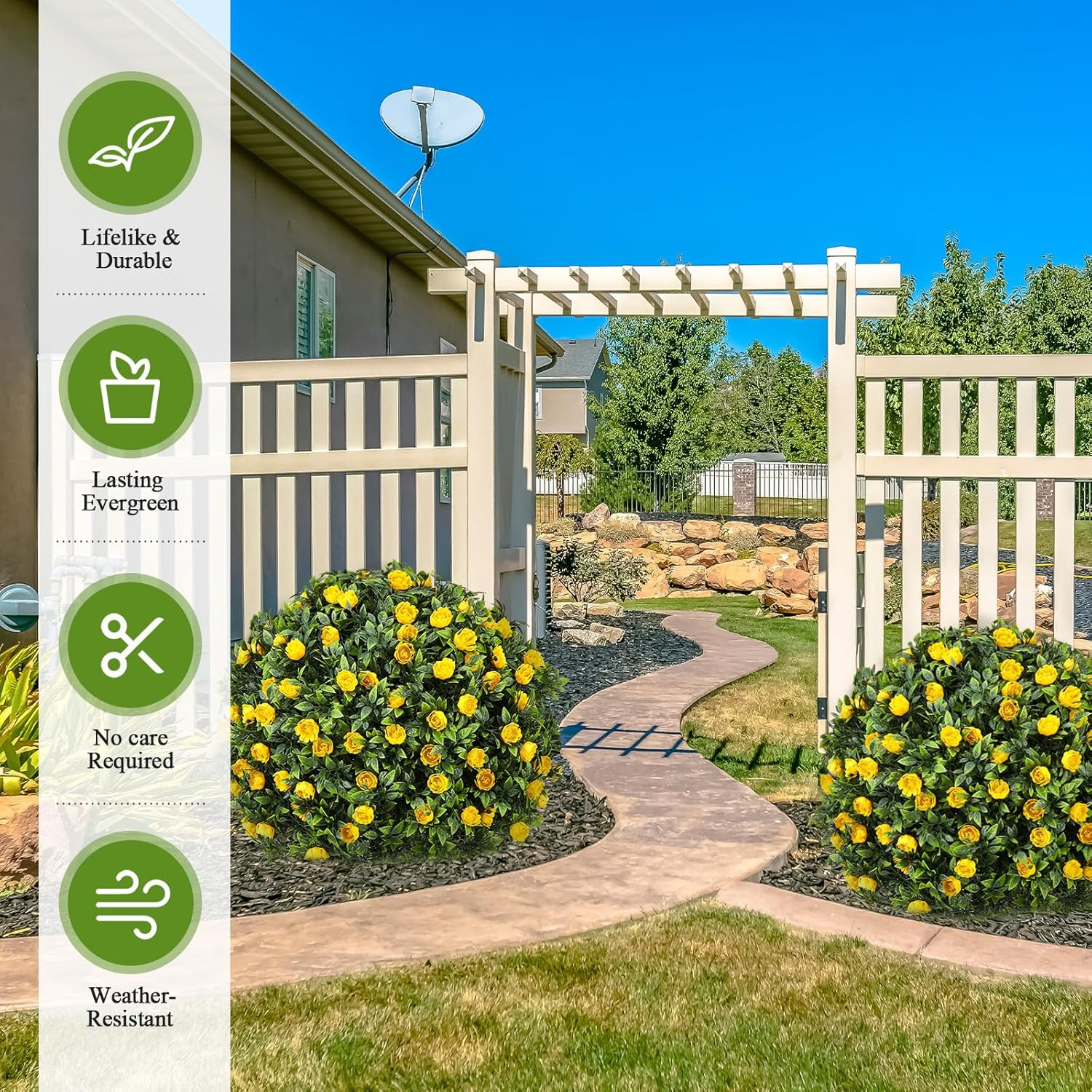 2 Pack 24" Artificial Topiary Ball Trees with Flowers, Outdoor Fake Topiary with Ground Spike, UV Resistant Faux Bushes Plants for Indoor Outdoor Front Door Decor (Yellow,Rose) - Image 6