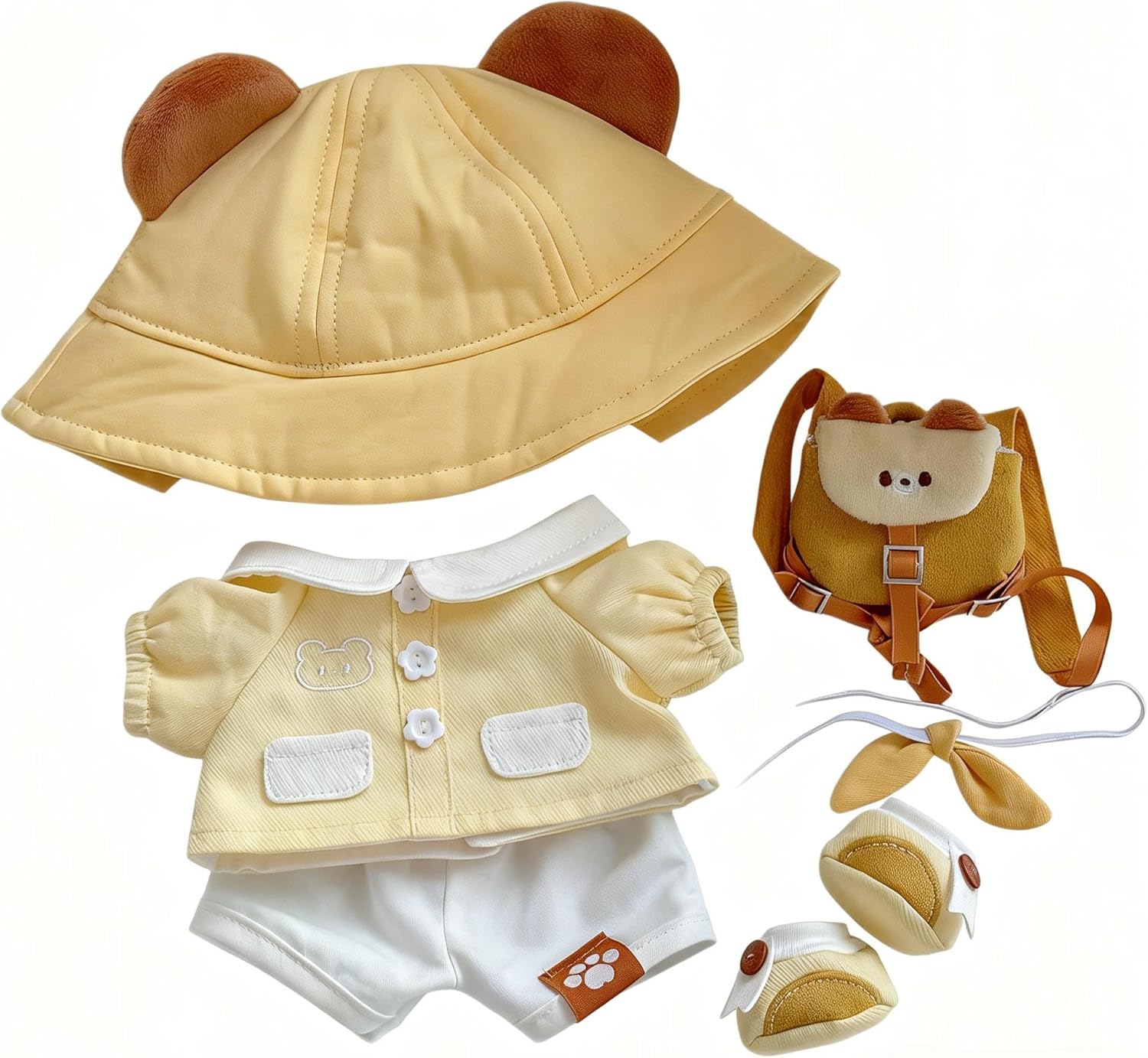20cm Plush Doll Clothes Set, 6-Piece Handmade Doll Outfit with Hoodie, Pants, Shoes, Hat, Backpack and Ribbon (Yellow,20cm)