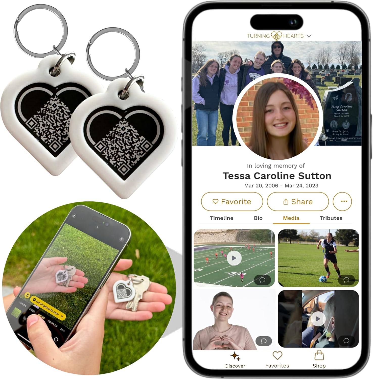 Turning Hearts Keychain & Memorial Webpage Scan QR Personalized Tribute Profile Videos/Bio Sympathy Gift Gravestone Medallion
