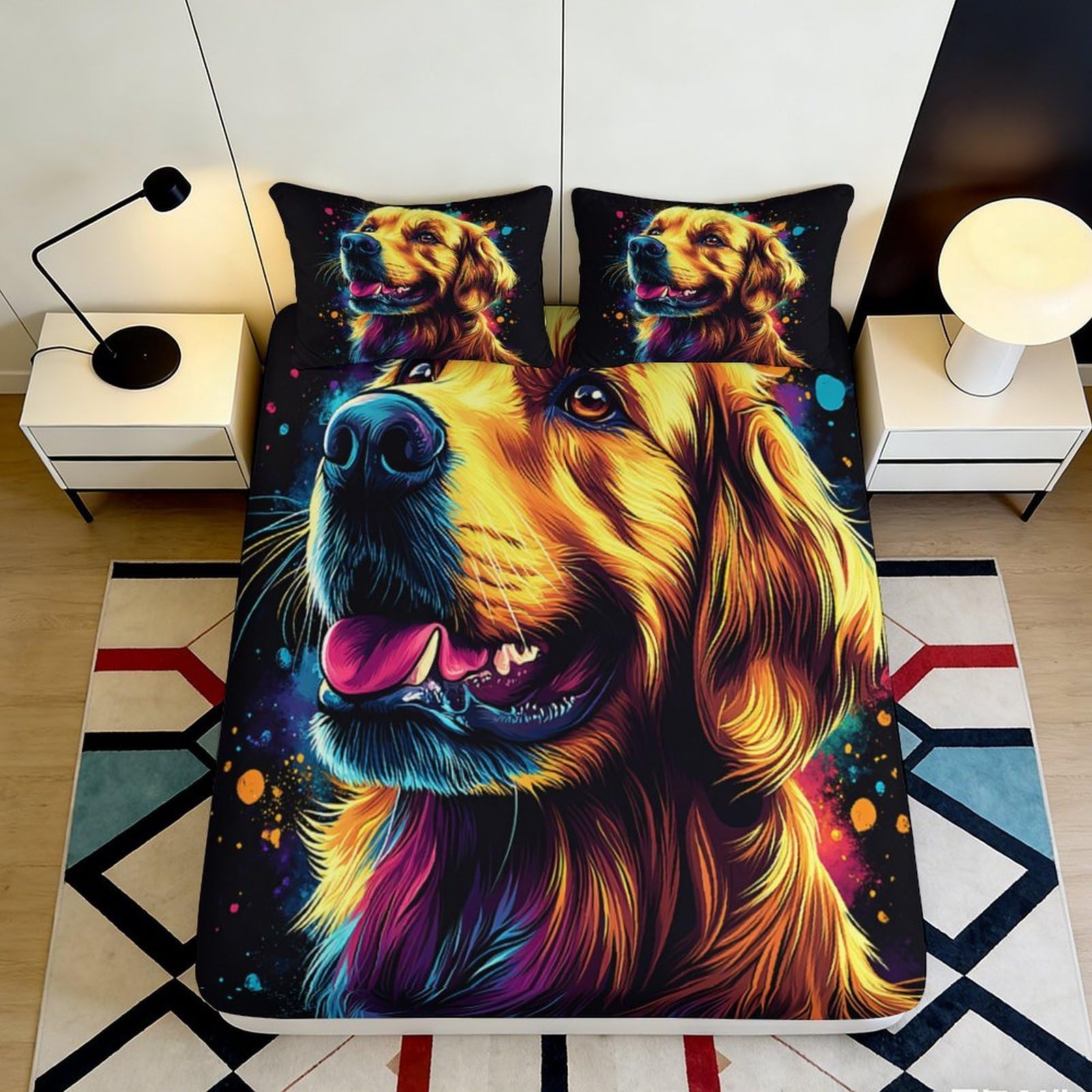 3D Printed Colorful Golden Retriever Fitted Sheet Microfiber Soft Durable Vibrant Dog Portrait Bed Cover for Bedroom Dormitory Guest Room Protection 200x200x25cm