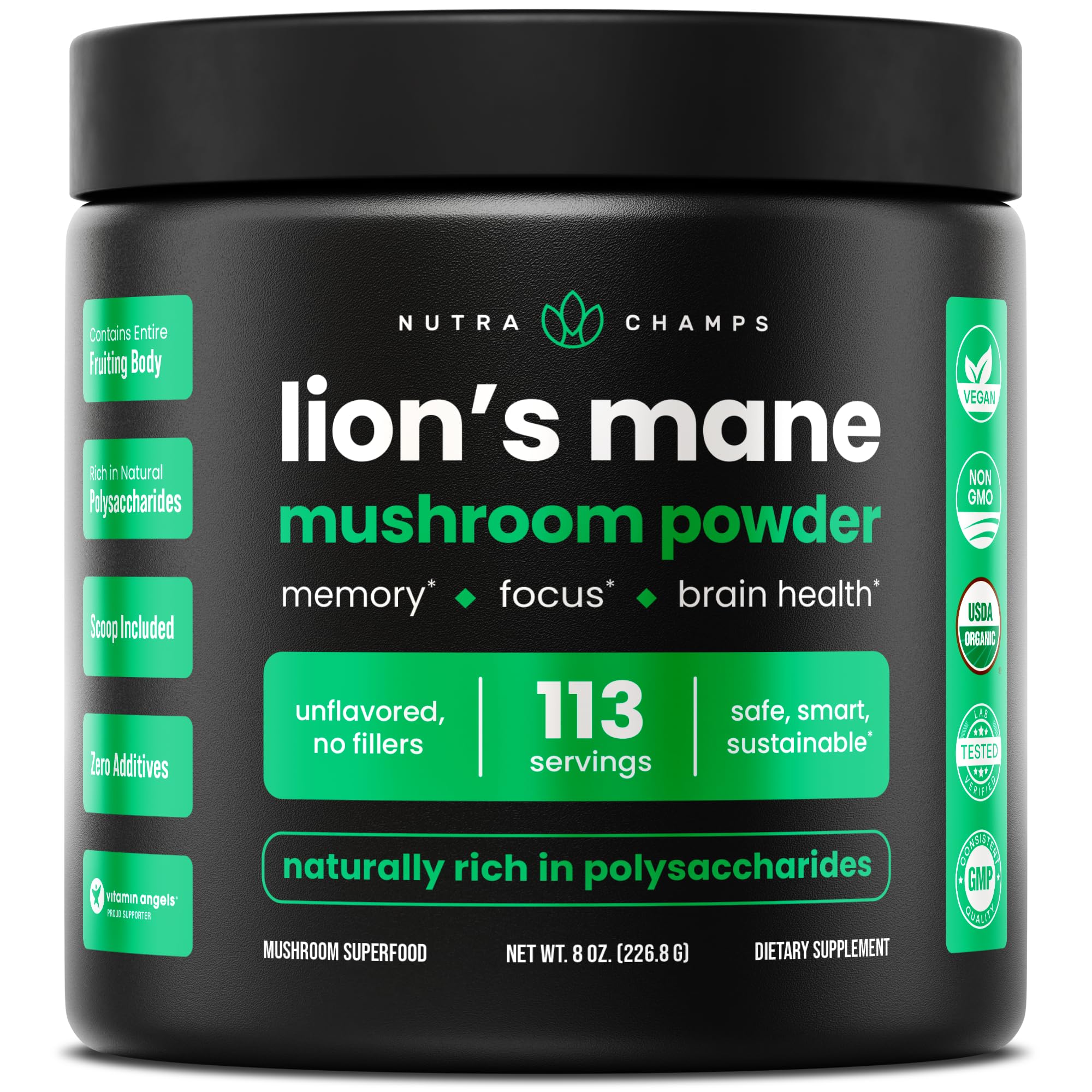 NutraChamps Organic Lions Mane Powder - 2000mg Powerful Nootropic for Memory, Focus, Immune Support - Vegan Lion’s Mane Mushroom Powder Supplement with Naturally Occurring Beta-Glucans - 8oz