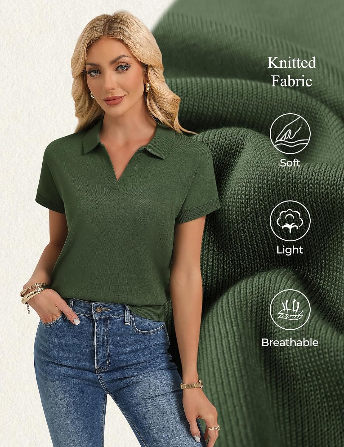 GRACE KARIN Women Short Sleeve Sweater, Business Casual Knit Polo Shirt, V Neck Collared Pullover Tops - Image 4