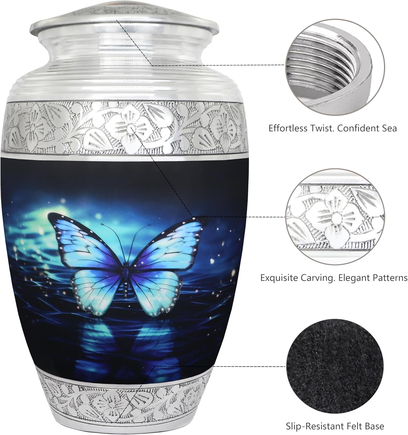 Urn for Ashes Adult Male & Female, Cremation Urns for Human Ashes Adult Man & Women, Funeral Urns for Men, Burial Urns, Decorative Urns with Butterflies, Black and Blue Butterfly - Large - Image 8