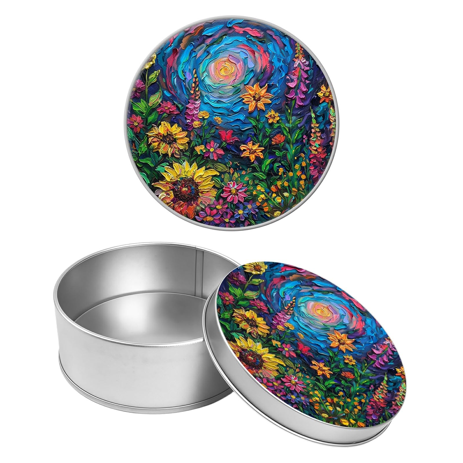 Round Metal Tin Container with Removable Lid, Watercolor Garden Flowers Durable Metal Storage Box for Crafts Snacks Candies Office Supplies Small Items 3.54 x 1.38 inch– Single Pack