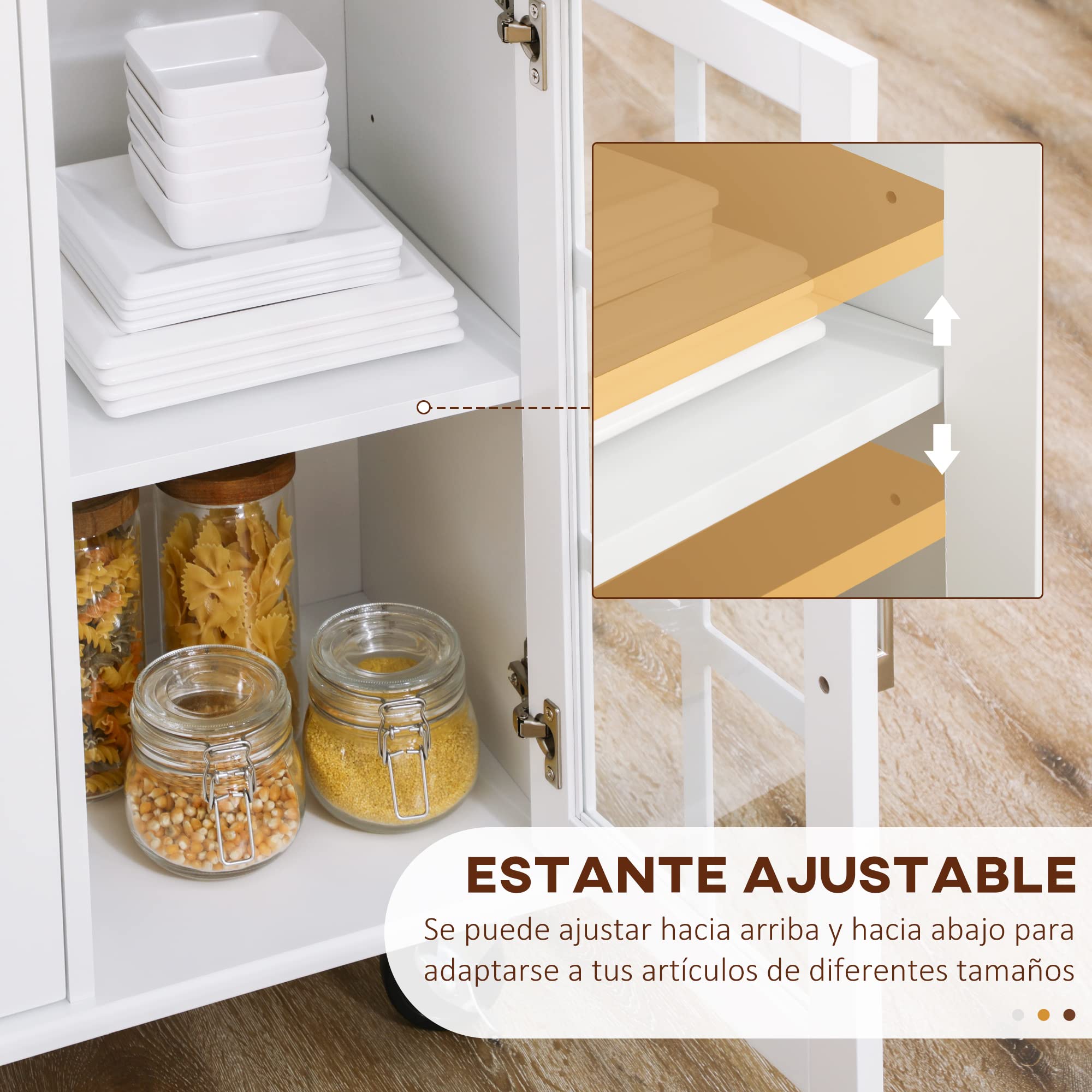 HOMCOM Carro de Cocina Isla de Cocina con Ruedas Multifuncional con 2 Cajones 3 Puertas de Vidrio Templado Toallero y Especiero 124,5x39,5x90 cm Blanco