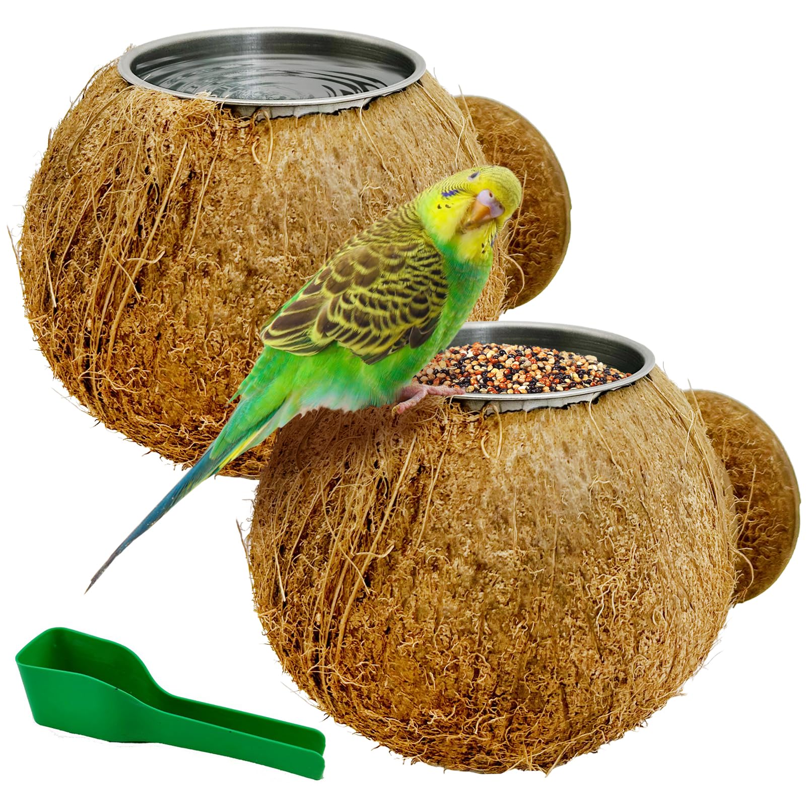 Coconut Bird Bowls for Cage 2-in-1 Coconut Shell Birds Feeder Set of 2 Hanging Parrot Cage Feeders Natural Parakeet Food and Water Dishes for Lovebirds Finches Budgies Cockatiels