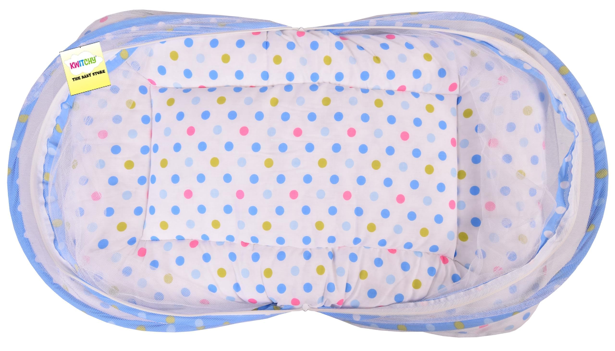 Kwitchy Baby Bed with Mosquito Net New Born Baby Bedding Set | Folding Bed | Toddler Mattress | Cotton | Gadda Set | Travel Beds | Boys & Girls | Gift Pack (0-6 Months) Blue 1